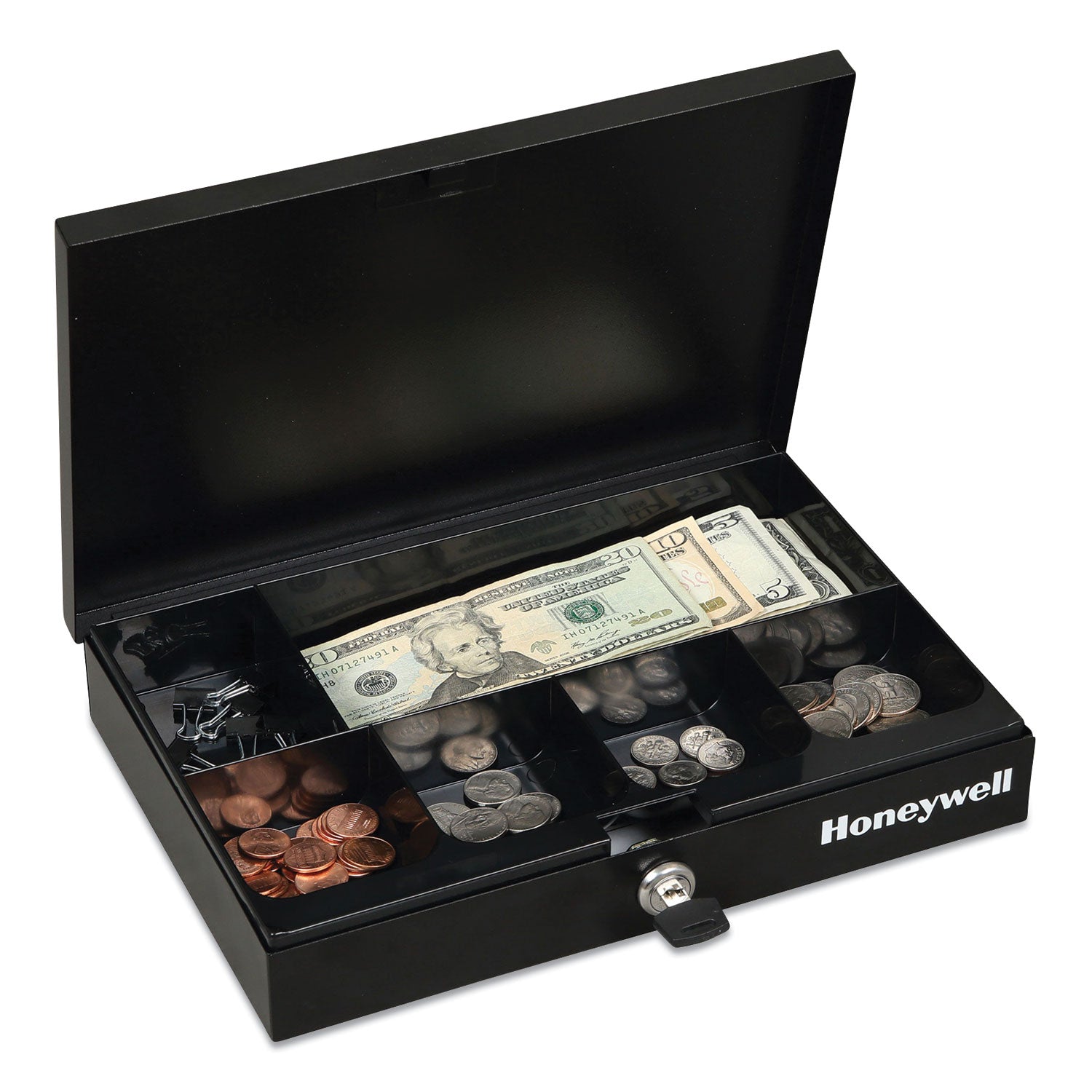 Honeywell Low Profile Cash Box,1 Bill, 5 Coin Slots, Key Lock, 11.6 x 8 x 1.9, Steel, Black