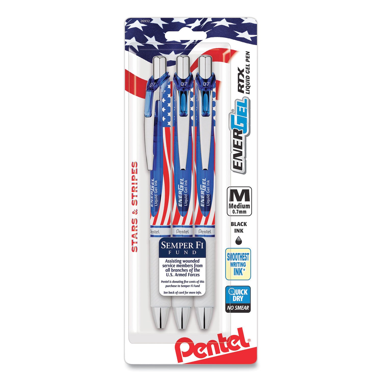 EnerGel RTX Stars and Stripes Gel Pen, Retractable, Medium 0.7 mm, Black Ink, Red/White/Blue Barrel, 3/Pack