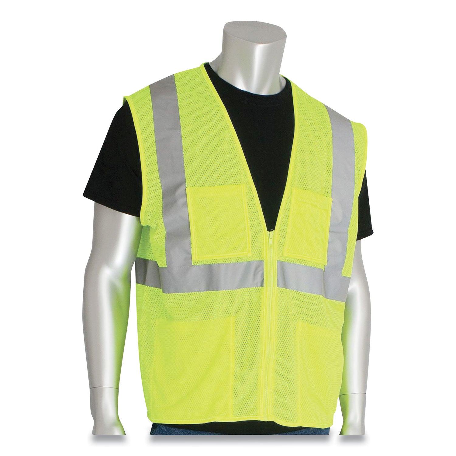 PIP ANSI Class 2 Four Pocket Zipper Safety Vest, Polyester Mesh, X-Large, Hi-Viz Lime Yellow