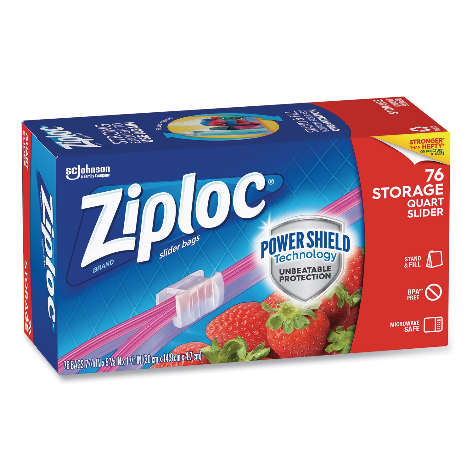 Ziploc® Slider Storage Bags, Quart, 5.88" x 1.88" x 7.88", Clear, 76 Bags/Box, 9 Boxes/Carton