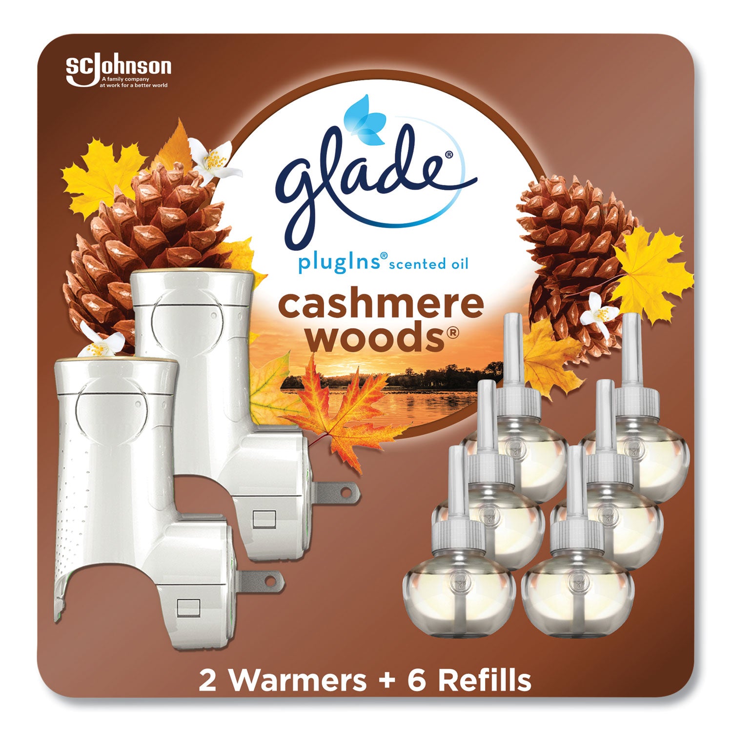 Glade® Plugin Scented Oil, Cashmere Woods, 0.67 oz, 2 Warmers and 6 Refills/Pack