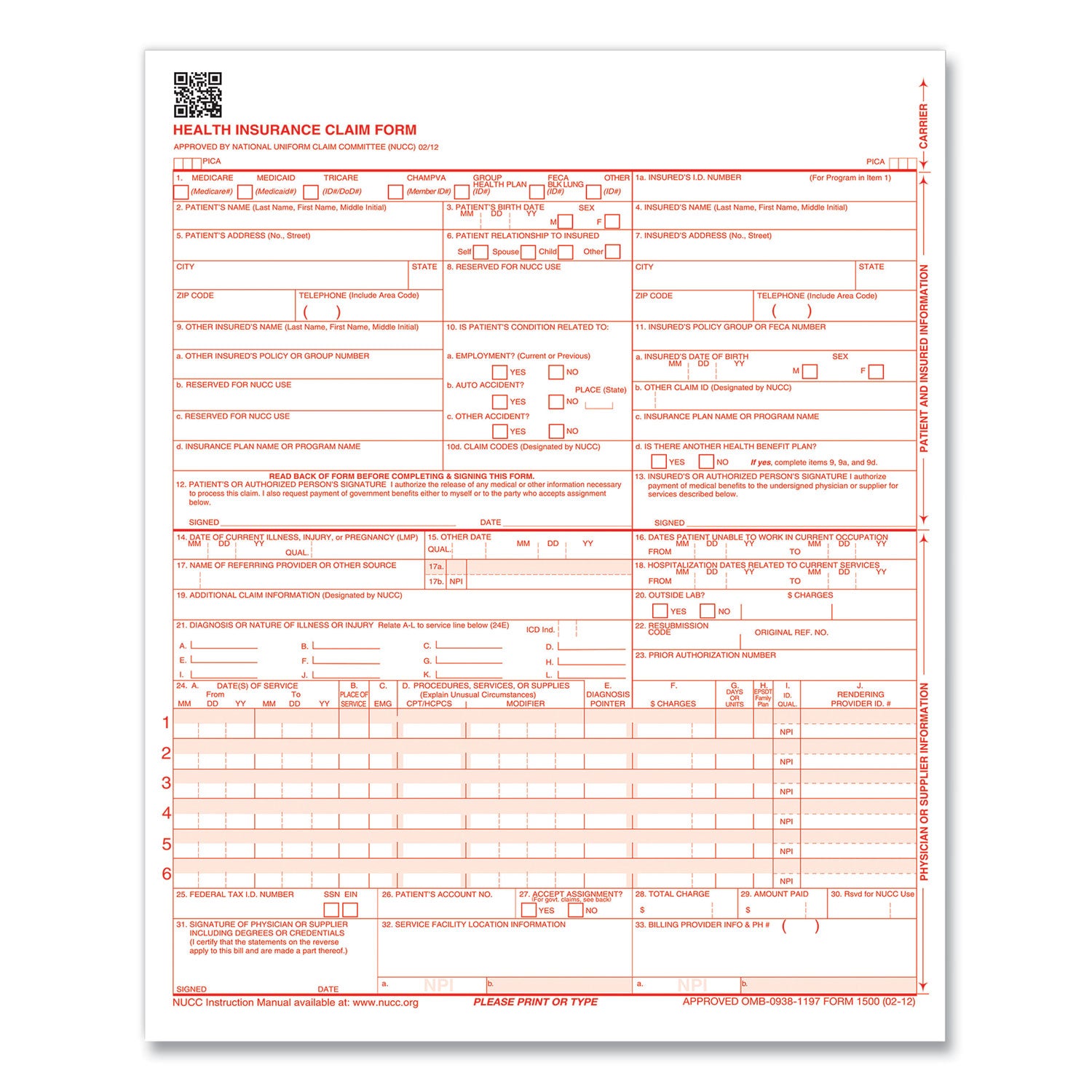 CMS-1500 Health Insurance Claim Form, One-Part (No Copies), 8.5 x 11, 1,000 Forms Total