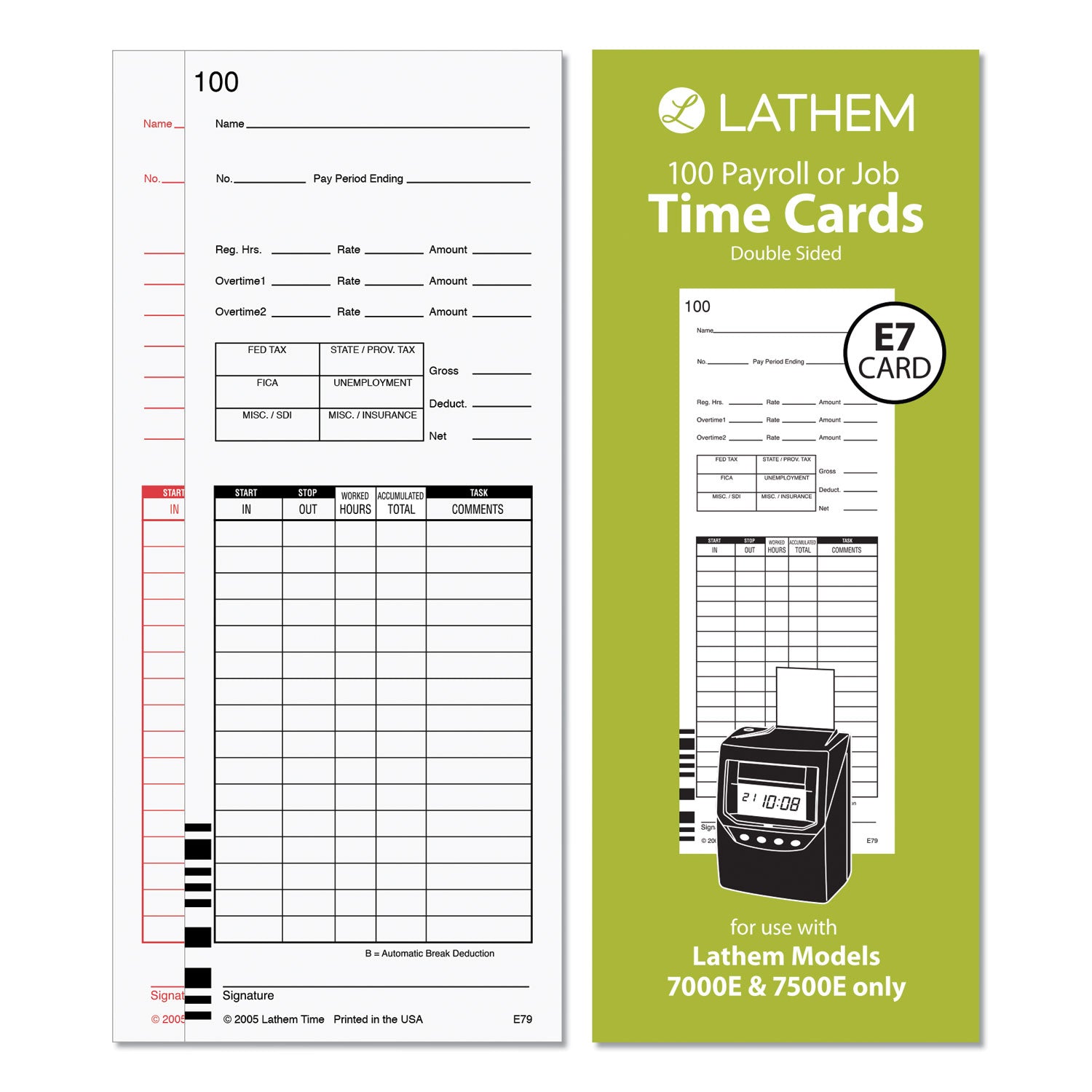 Time Clock Cards for Lathem Time 7000E/7500E, Two Sides, 3.38 x 8.78, 100/Pack