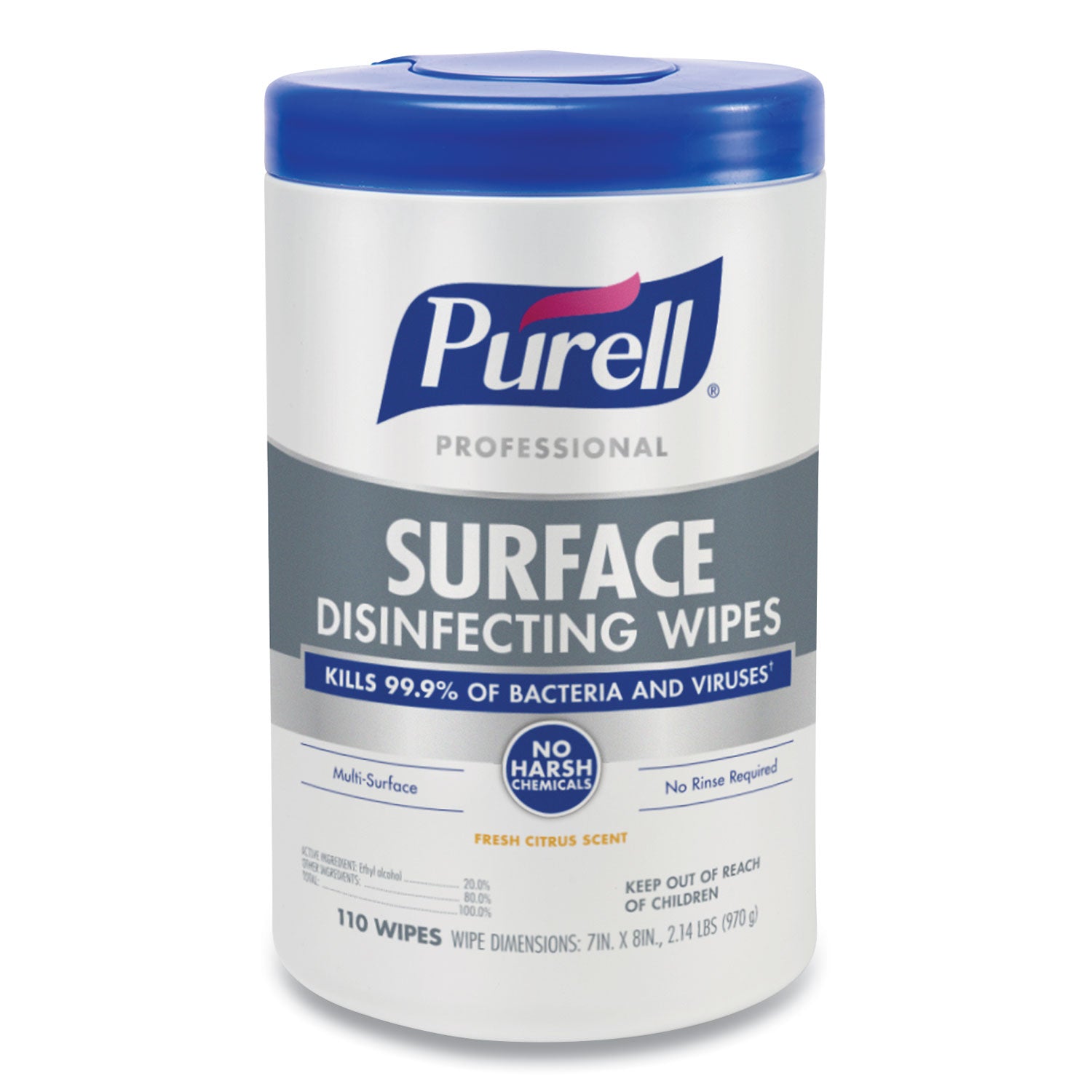 PURELL® Professional Surface Disinfecting Wipes, 1-Ply, 7 x 8, Fresh Citrus, White, 110/Canister, 6 Canisters/Carton