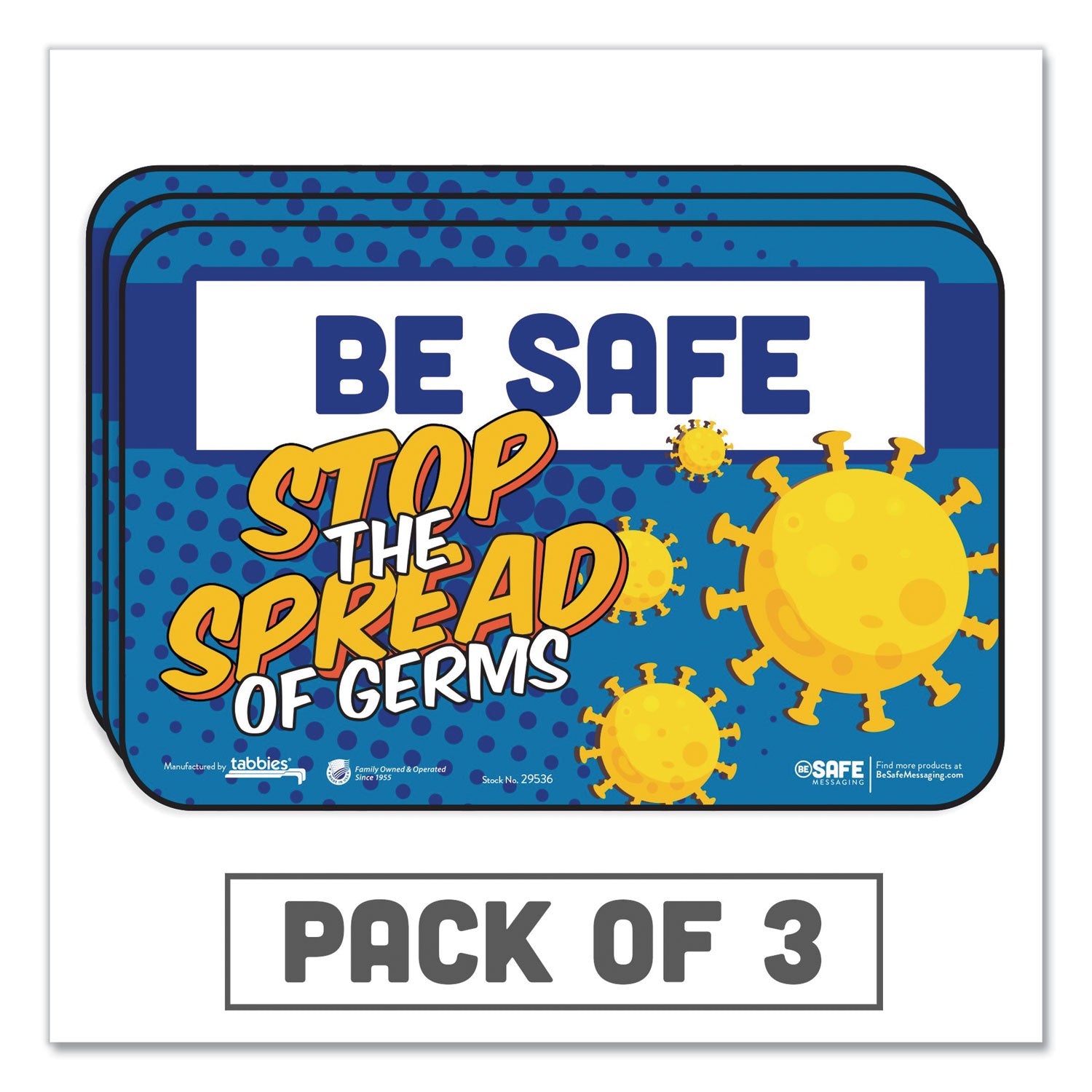 BeSafe Messaging Education Wall Signs, 9 x 6,  "Be Safe, Stop The Spread Of Germs", 3/Pack