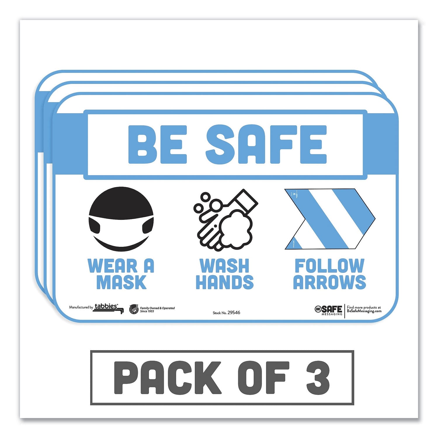 BeSafe Messaging Education Wall Signs, 9 x 6,  "Be Safe, Wear a Mask, Wash Your Hands, Follow the Arrows", 3/Pack