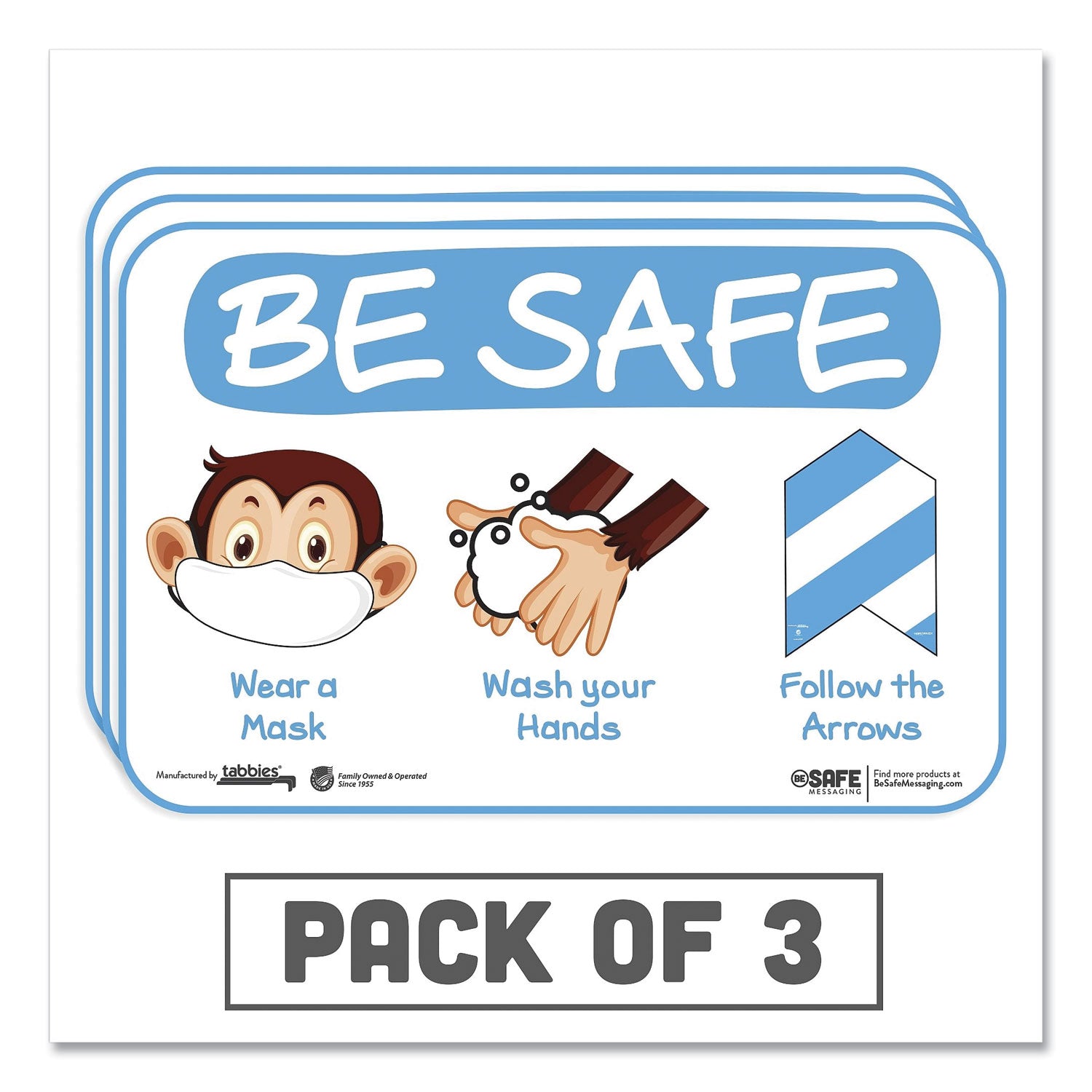 BeSafe Messaging Education Wall Signs, 9 x 6,  "Be Safe, Wear a Mask, Wash Your Hands, Follow the Arrows", Monkey, 3/Pack