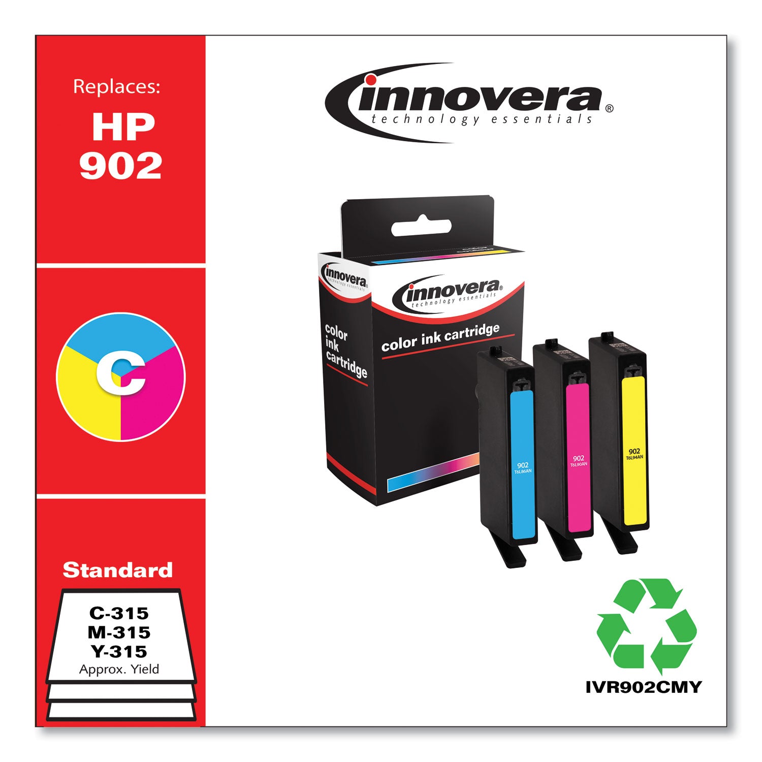 Innovera® Remanufactured Cyan/Magenta/Yellow Ink, Replacement for 902 (T0A38AN), 315 Page-Yield