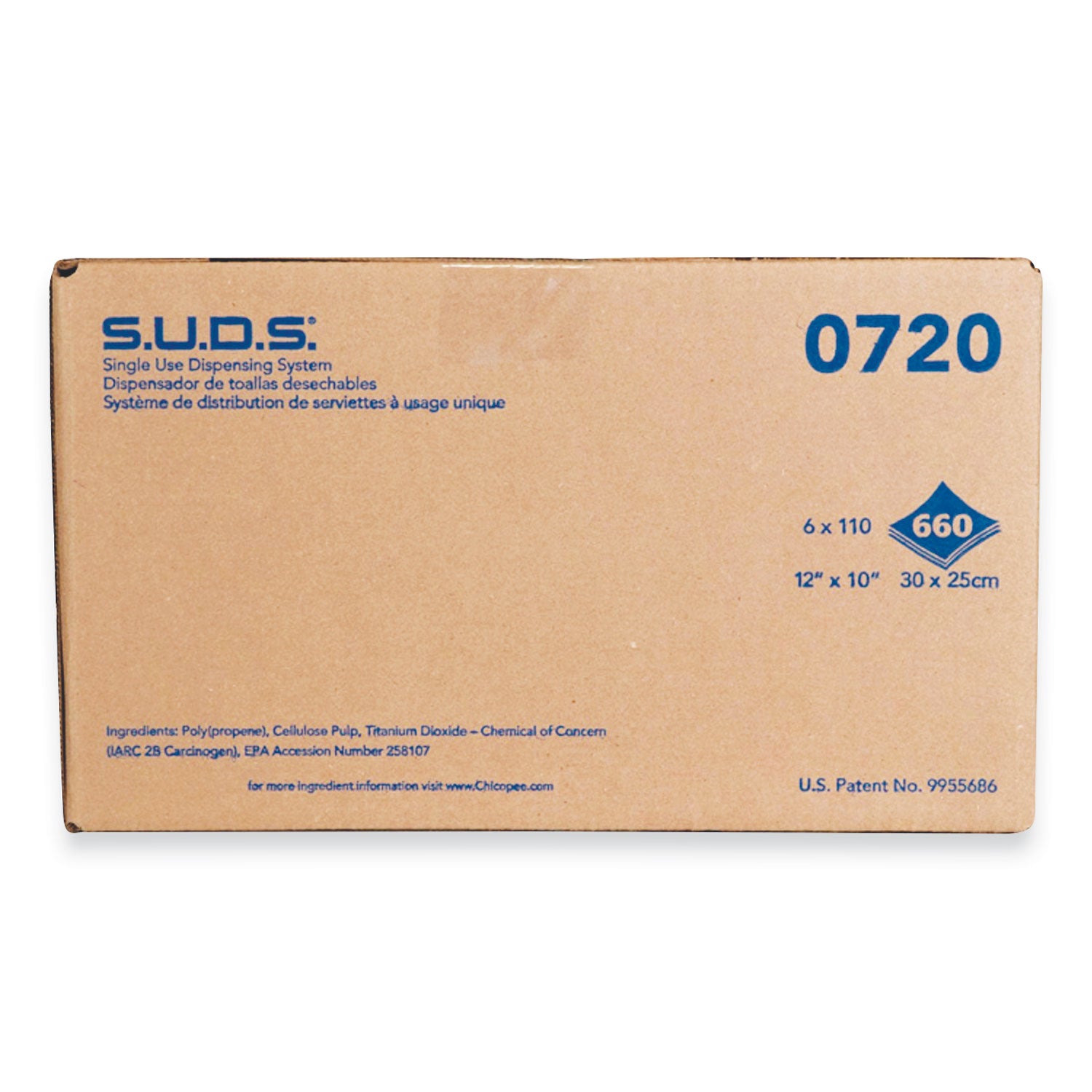 Chicopee® S.U.D.S. Single Use Dispensing System Towels For Quat, 1-Ply, 10 x 12, Unscented, White, 110/Roll, 6 Rolls/Carton