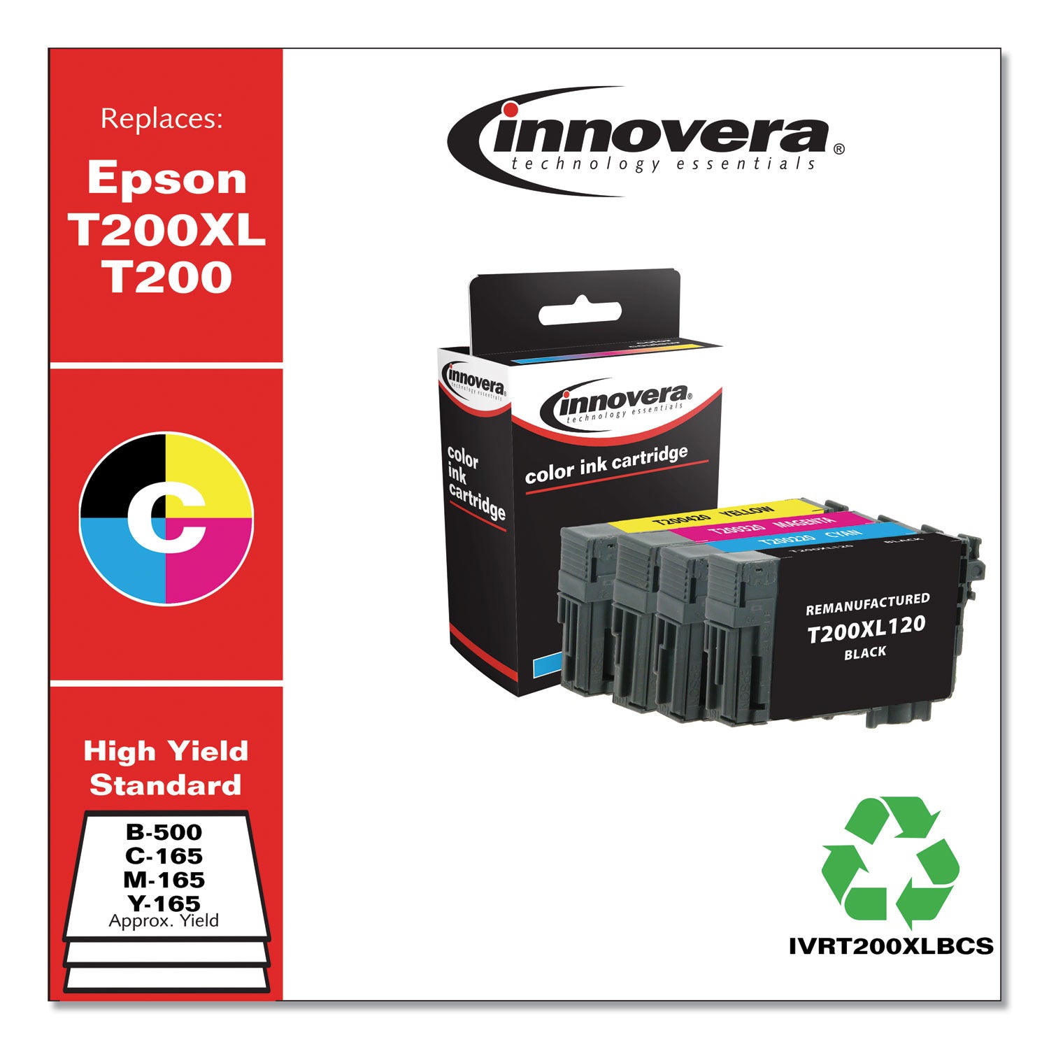 Innovera® Remanufactured Black/Cyan/Magenta/Yellow Ink, Replacement f/T200XL/T200 (T200XL-BCS),500/165 Page-Yield