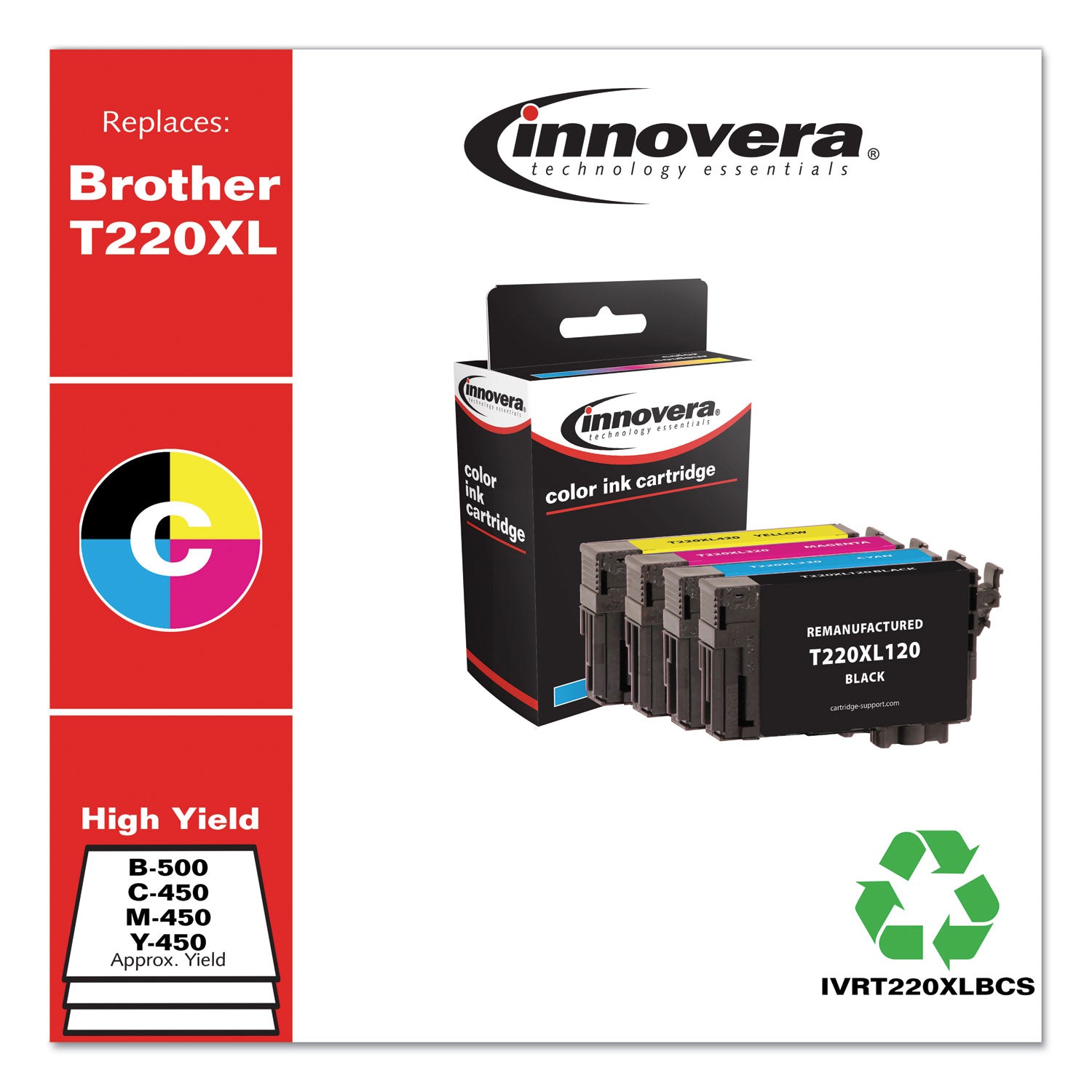 Innovera® Remanuf. Black/Cyan/Magenta/Yellow Ink, Replacement f/T220XL (T220XL120/220/320/420), 500/450 Page-Yield