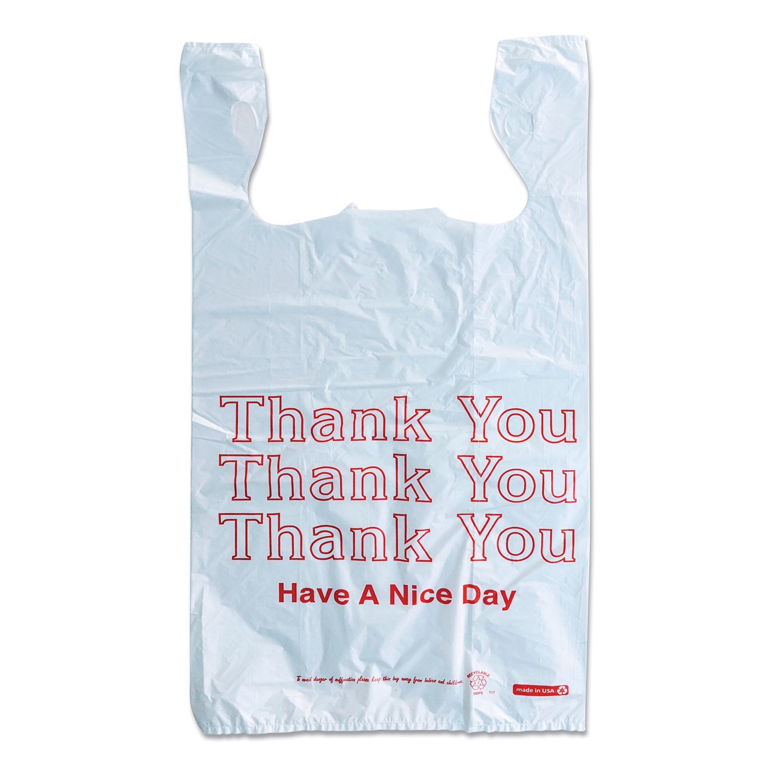 Plastic "Thank You - Have a Nice Day" Shopping Bags, Cut-Out Handles, 11.5" x 6.5" x 22", White/Red, 250/Box