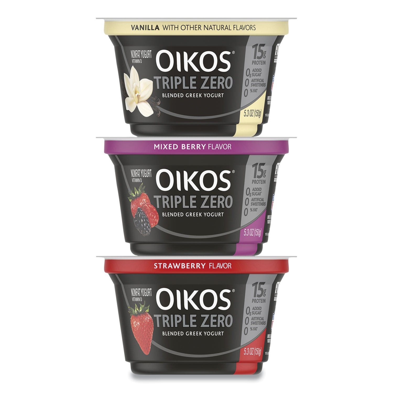 Triple Zero Blended Greek Nonfat Yogurt, 5.3 oz, Strawberry/Mixed Berry/Vanilla, 18/Carton OIKOS® Flipcost