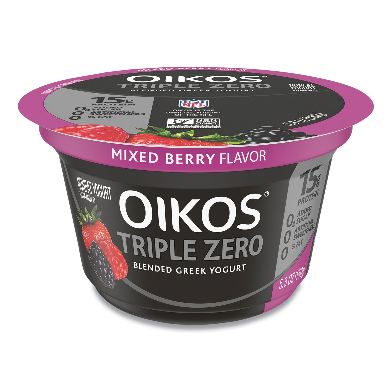 Triple Zero Blended Greek Nonfat Yogurt, 5.3 oz, Strawberry/Mixed Berry/Vanilla, 18/Carton OIKOS® Flipcost