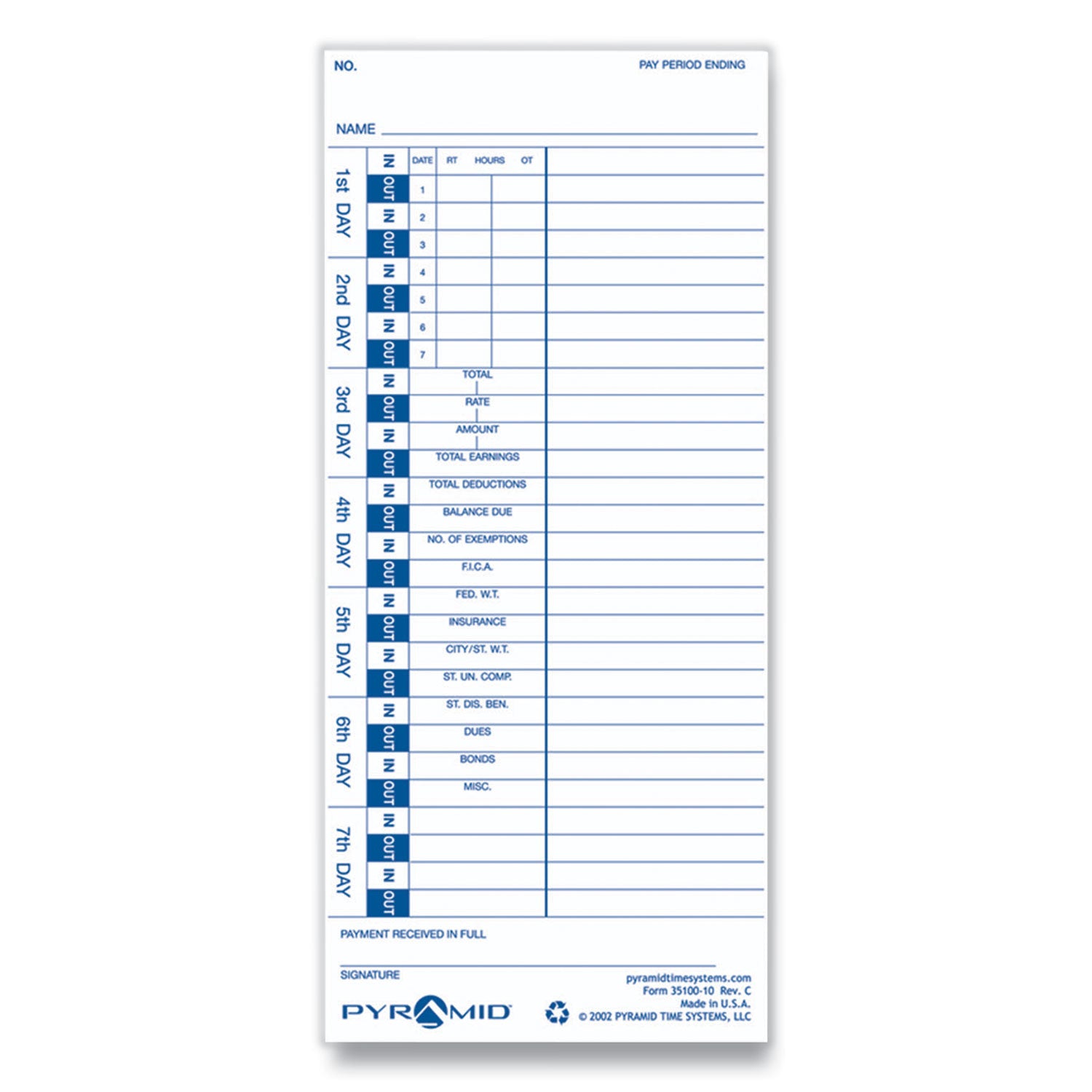 Pyramid Technologies Time Clock Cards for Pyramid Technologies 3000, One Side, 4 x 9, 100/Pack