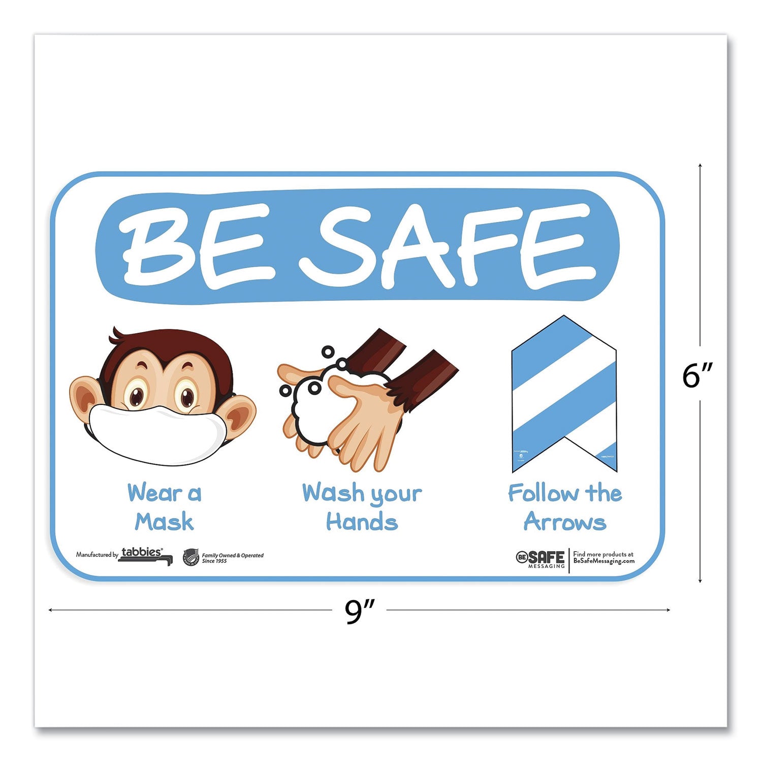 Tabbies® BeSafe Messaging Education Wall Signs, 9 x 6,  "Be Safe, Wear a Mask, Wash Your Hands, Follow the Arrows", Monkey, 3/Pack