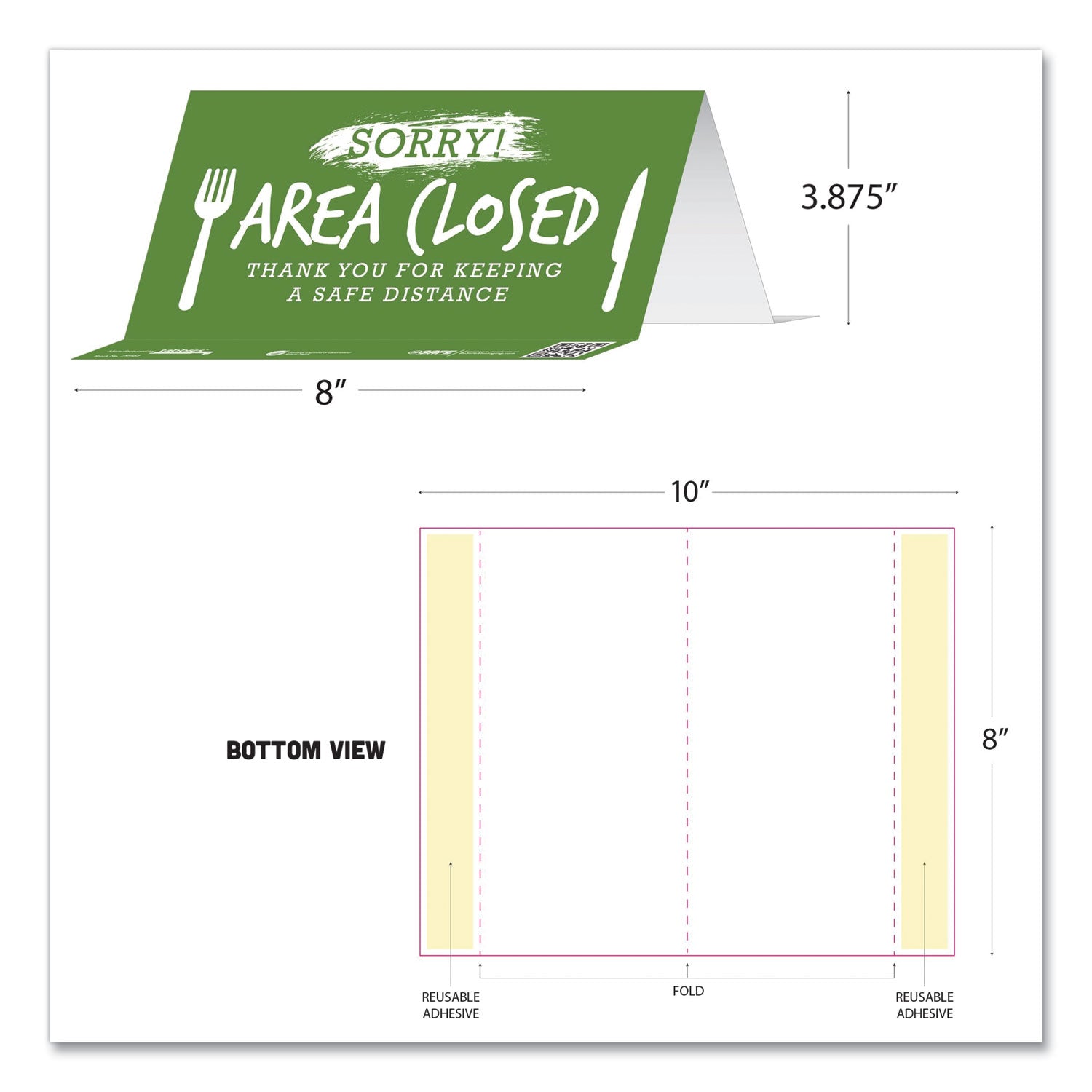 Tabbies® BeSafe Messaging Table Top Tent Card, 8 x 3.87, Sorry! Area Closed Thank You For Keeping A Safe Distance, Green, 100/Carton