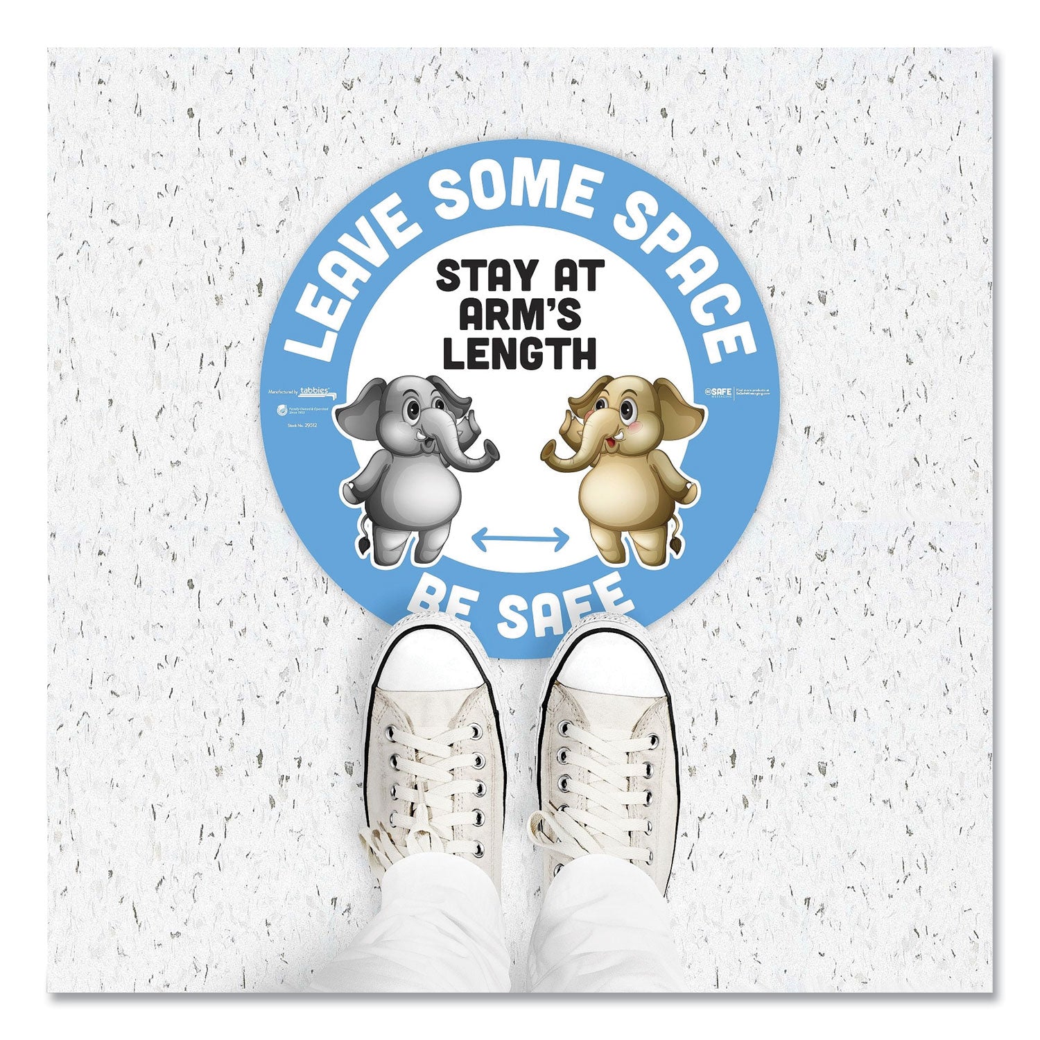 Tabbies® BeSafe Messaging Education Floor Signs, Leave Some Space; Stay At Arms Length; Be Safe, 12" dia, White/Blue, 6/Pack