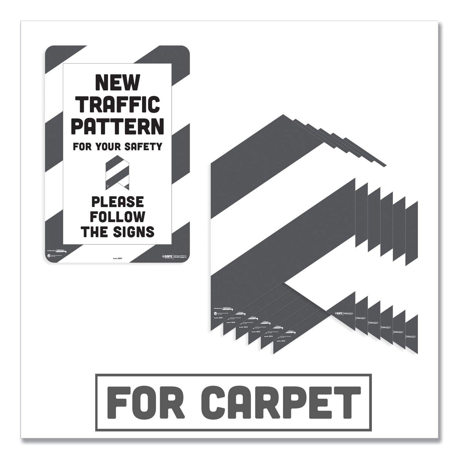 Tabbies® BeSafe Carpet Decals, New Traffic Pattern For Your Safety; Please Follow The Signs, 12 x 18, White/Gray, 7/Pack