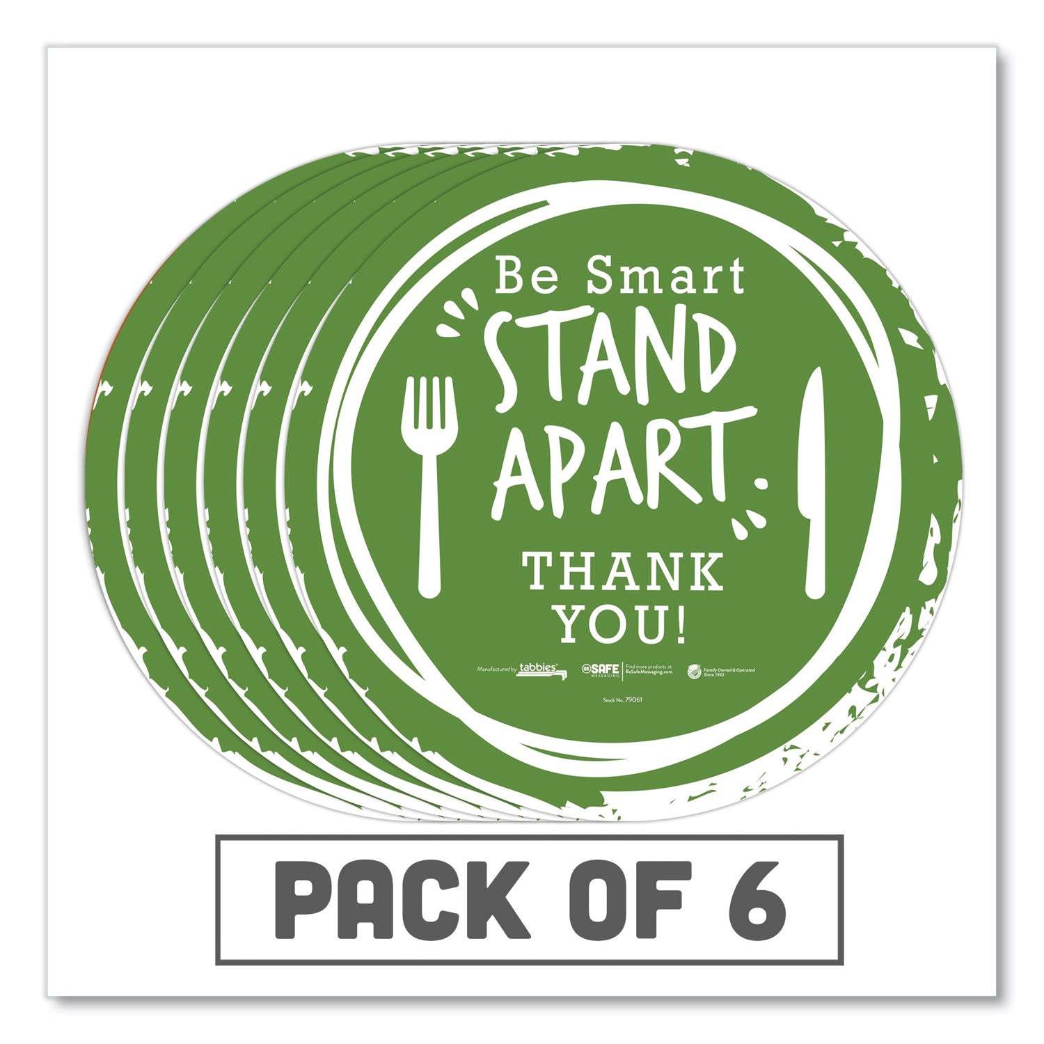 BeSafe Messaging Floor Decals, Be Smart Stand Apart; Knife/Fork; Thank You, 12" Dia., Green/White, 6/Carton