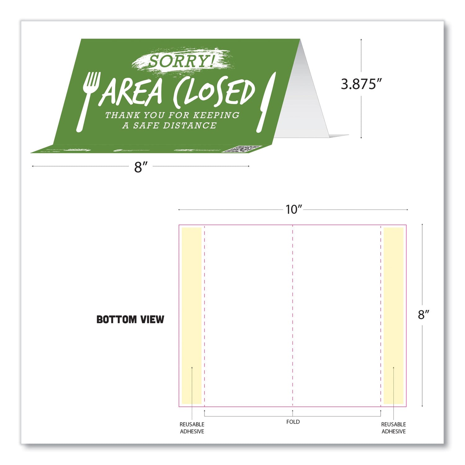 Tabbies® BeSafe Messaging Table Top Tent Card, 8 x 3.87, Sorry! Area Closed Thank You For Keeping A Safe Distance, Green, 10/Pack