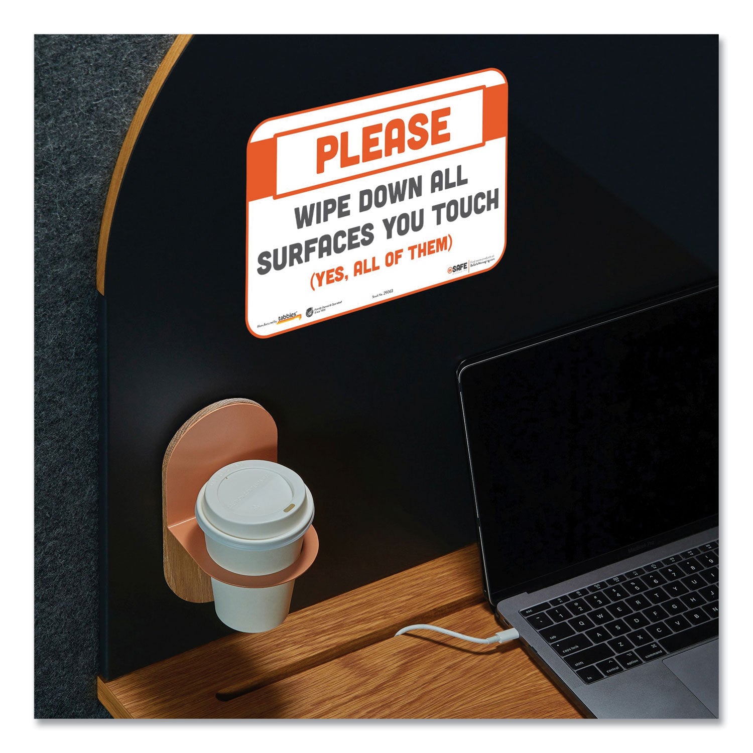 Tabbies® BeSafe Messaging Repositionable Wall/Door Signs, 9 x 6, Please Wipe Down All Surfaces You Touch, White, 30/Carton