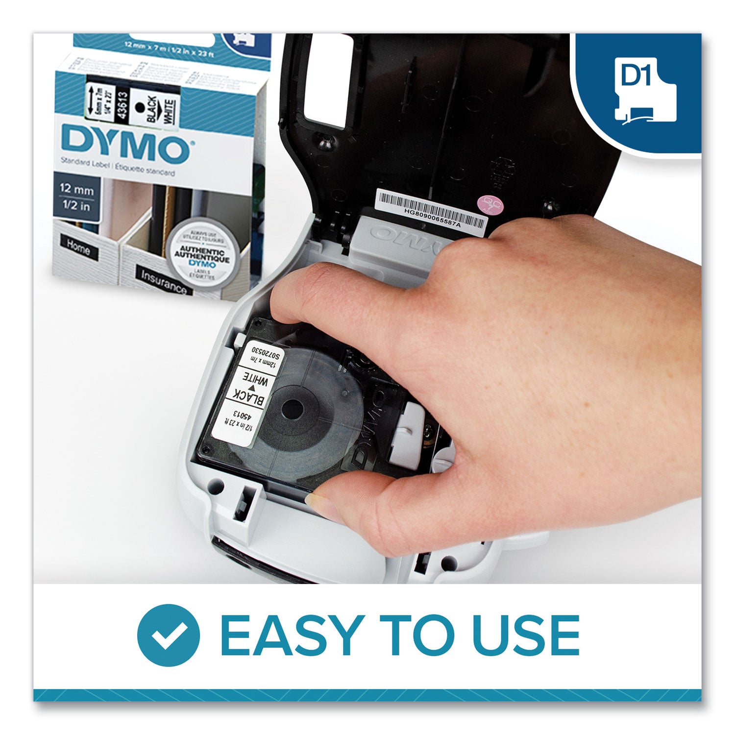 DYMO® D1 High-Performance Polyester Removable Label Tape, 0.5" x 23 ft, Black on White