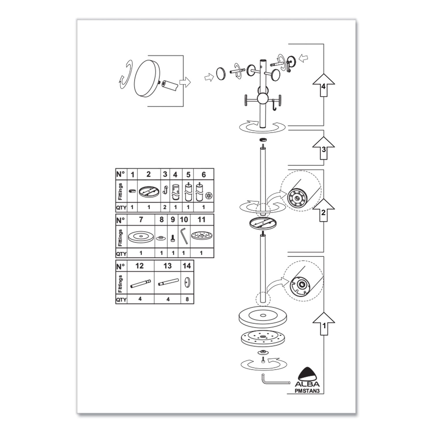 Alba™ Stan3 Steel Coat Rack, Stand Alone Rack, Eight Knobs, 15w x 15d x 69.3h, Black