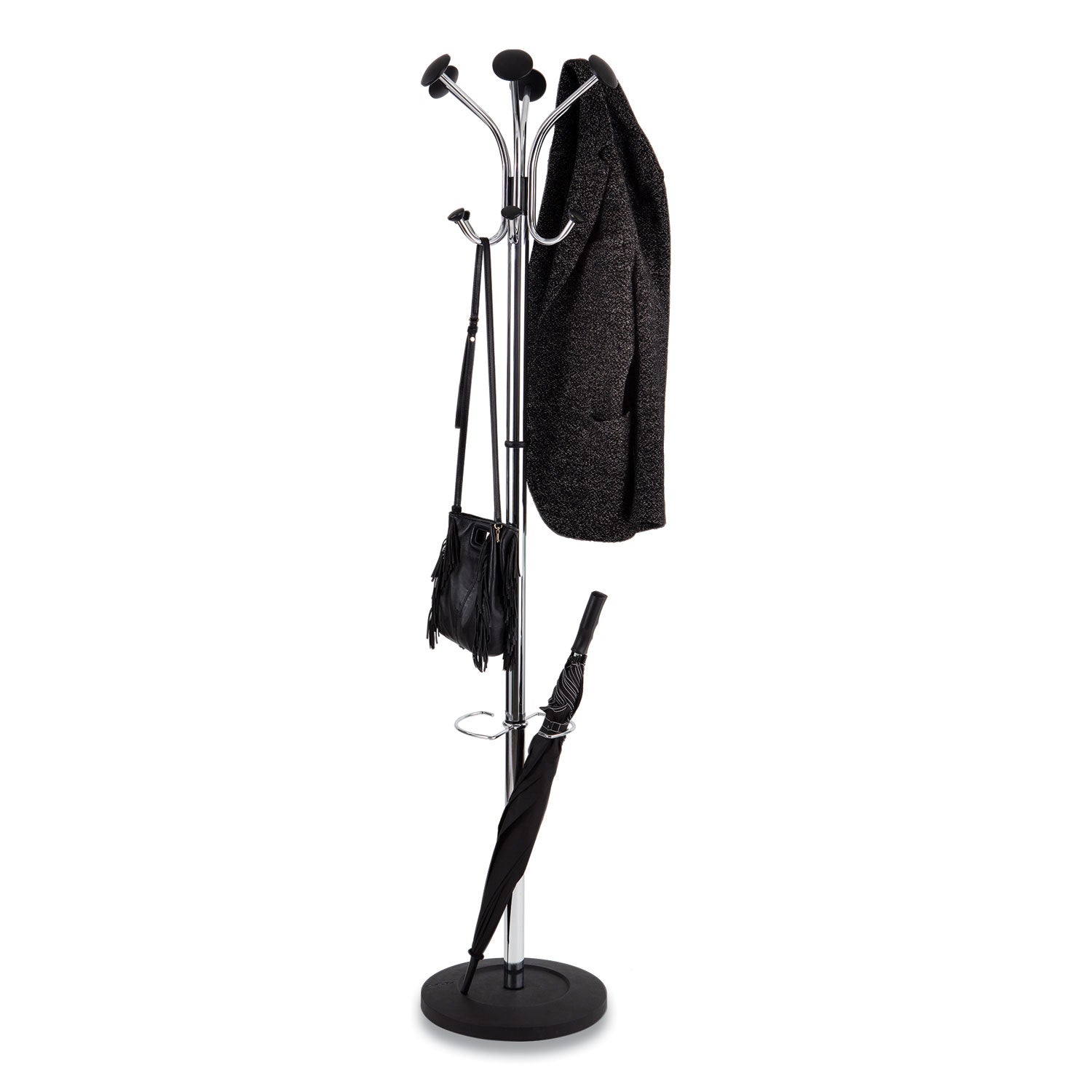 Alba™ Chromy Coat Stand, 12 Knobs, 16w x 16d x 70.5h, Chrome/Black