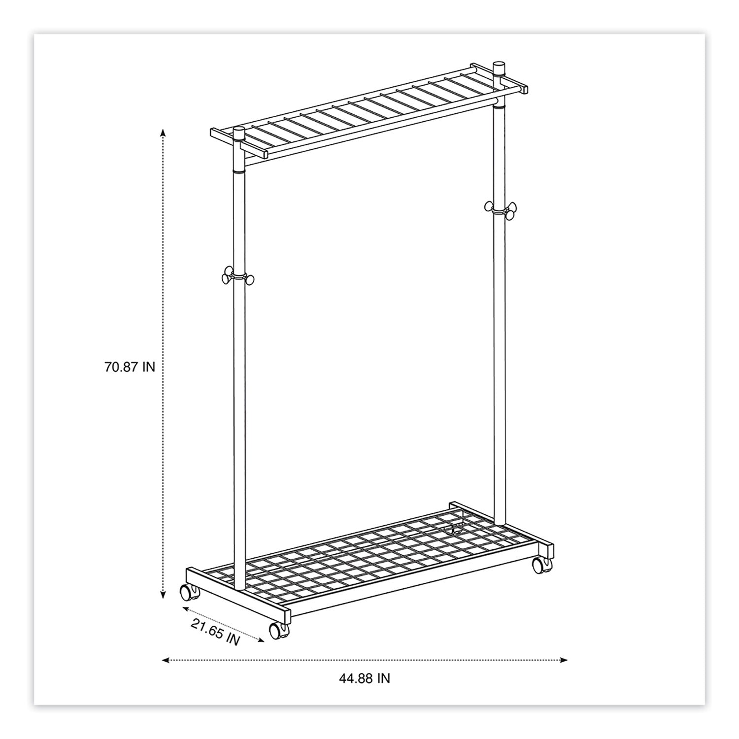 Alba™ Garment Racks, Two-Sided, 2-Shelf Coat Rack, 6 Hanger/6 Hook, 44.8w x 21.67d x 70.8h, Silver/Wood