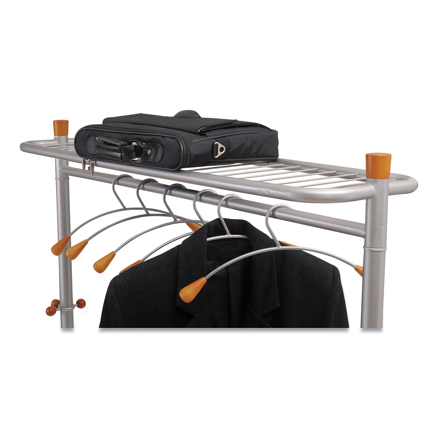 Alba™ Garment Racks, Two-Sided, 2-Shelf Coat Rack, 6 Hanger/6 Hook, 44.8w x 21.67d x 70.8h, Silver/Wood