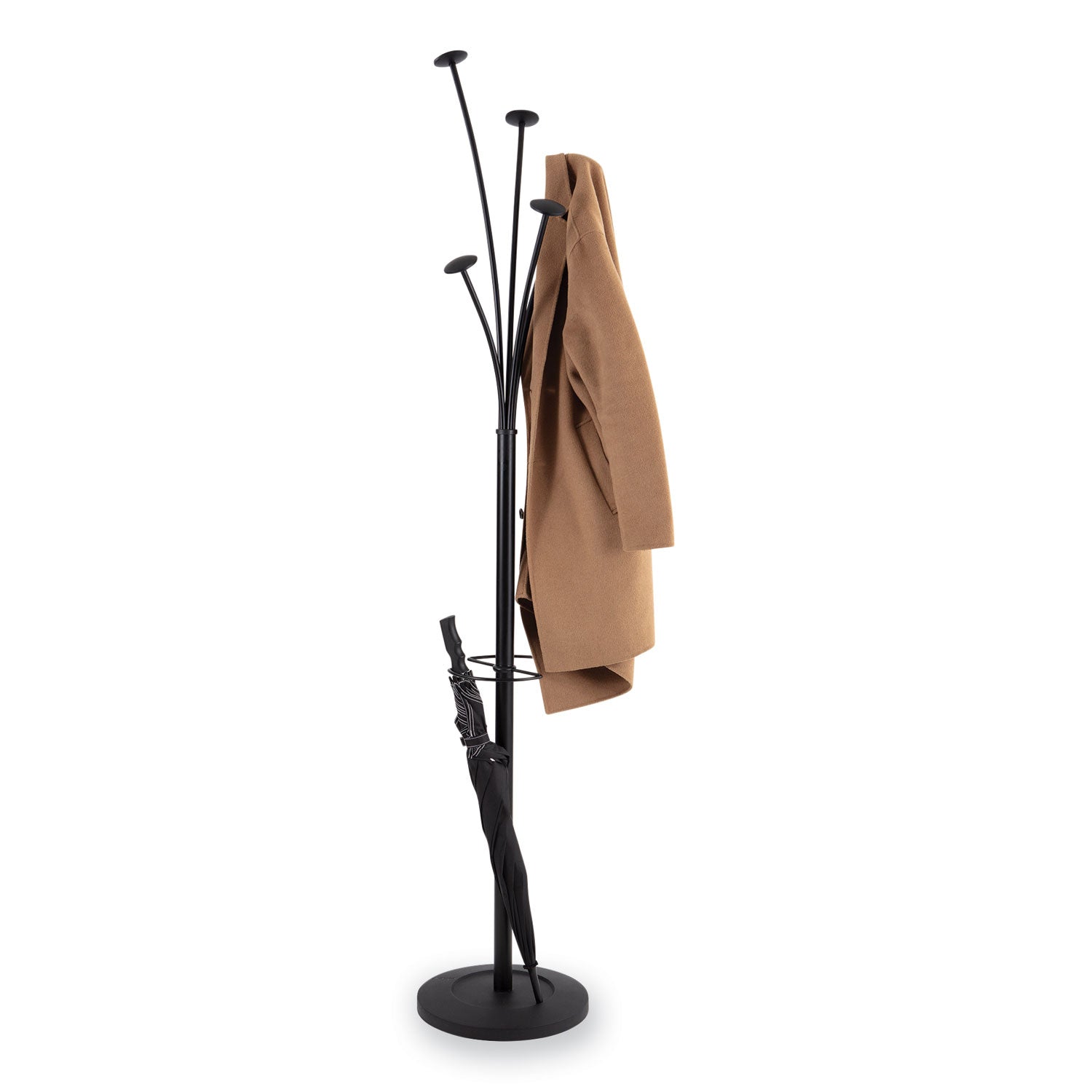 Alba™ Festival Coat Stand with Umbrella Holder, Five Knobs, 14w x 14d x 73.67h, Black