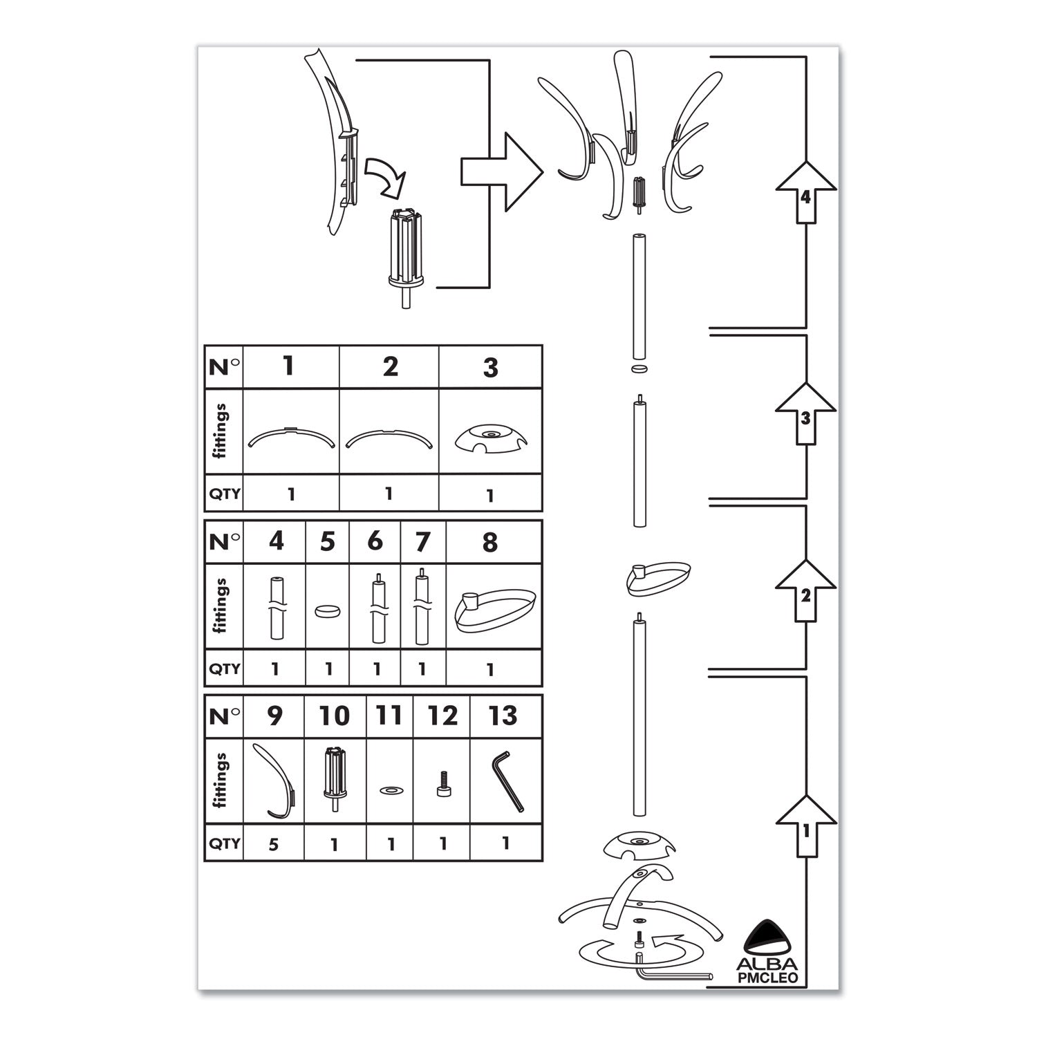 Alba™ CLEO Coat Stand, Stand Alone Rack, Ten Knobs, Steel/Plastic, 19.75w x 19.75d x 68.9h, Black