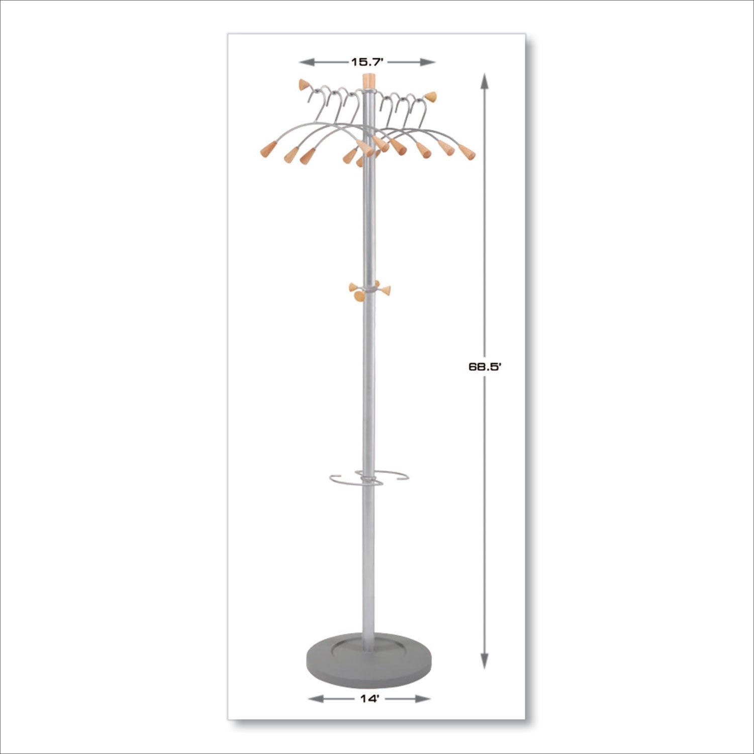 Alba™ Wavy Coat Tree, Six Hangers/Two Knobs/Four Hooks, 18.88w x 14d x 68.5h, Silver/Wood