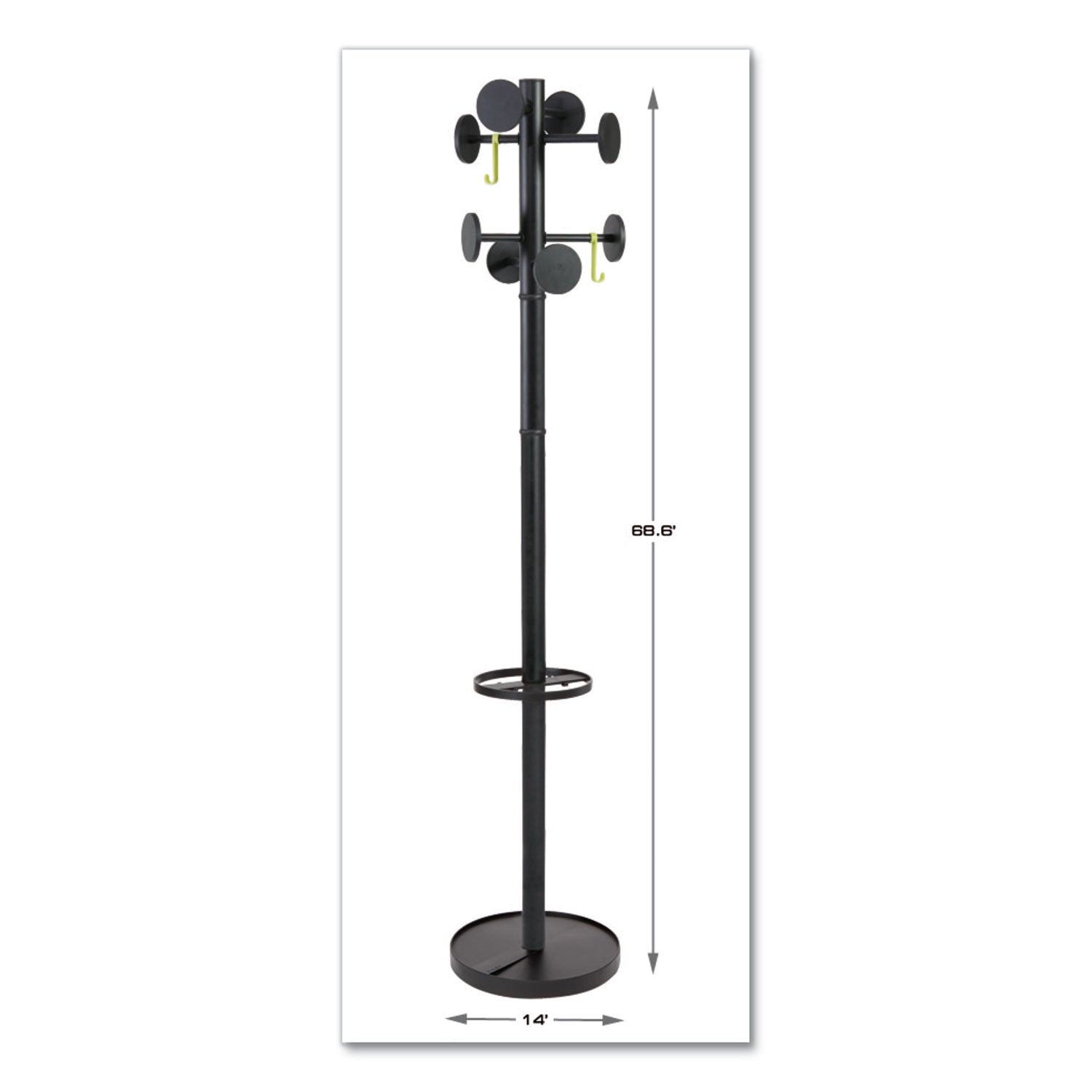 Alba™ Stan3 Steel Coat Rack, Stand Alone Rack, Eight Knobs, 15w x 15d x 69.3h, Black