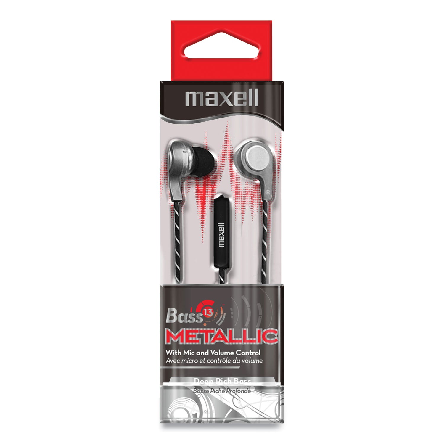 Maxell® Bass 13 Metallic Earbuds with Microphone, 4 ft Cord, Silver