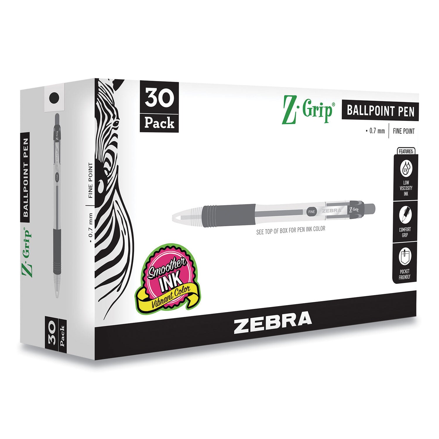 Zebra® Z-Grip Ballpoint Pen, Retractable, Medium 0.7 mm, Black Ink, Clear/Black Barrel, 30/Pack