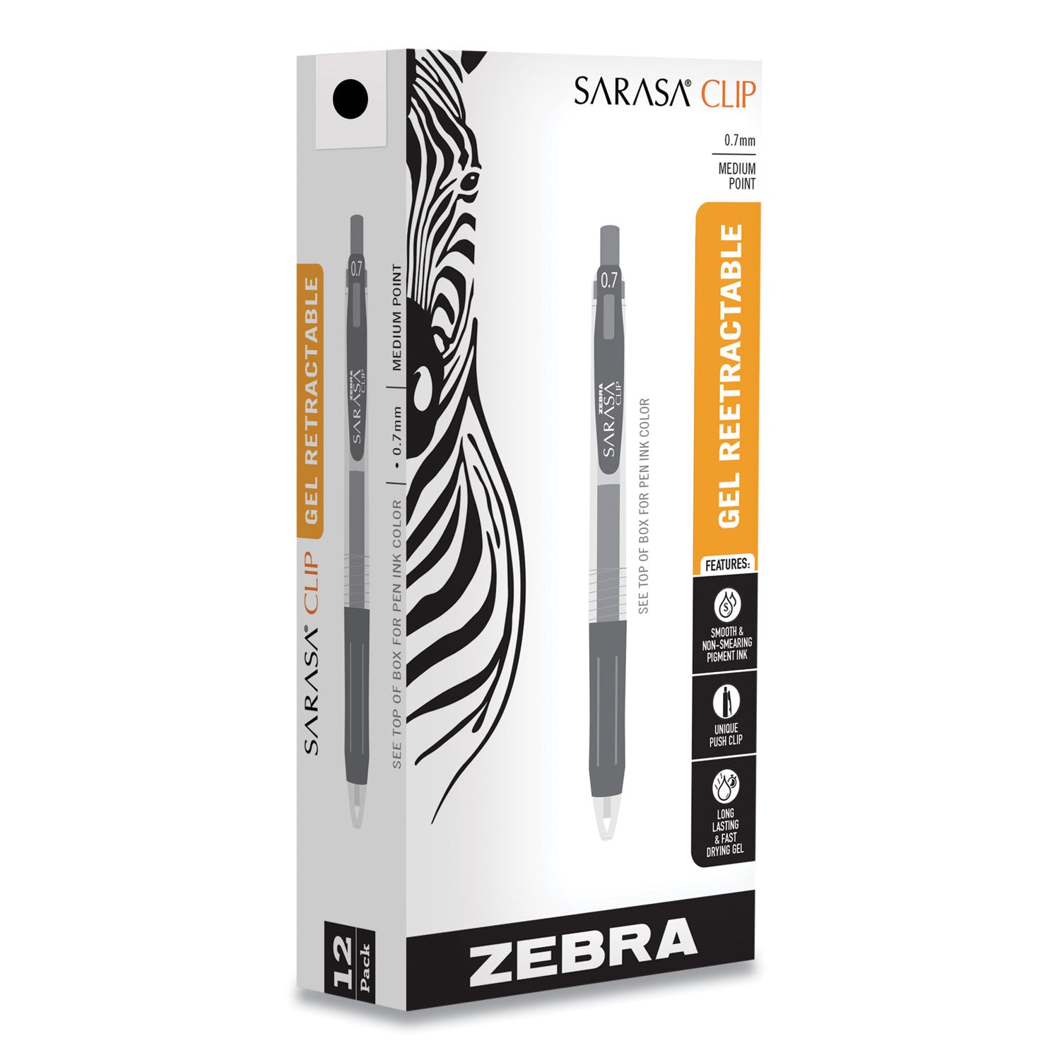 Zebra® Sarasa Clip Gel Pen, Retractable, Medium 0.7 mm, Black Ink, Clear/Black Barrel, 12/Pack