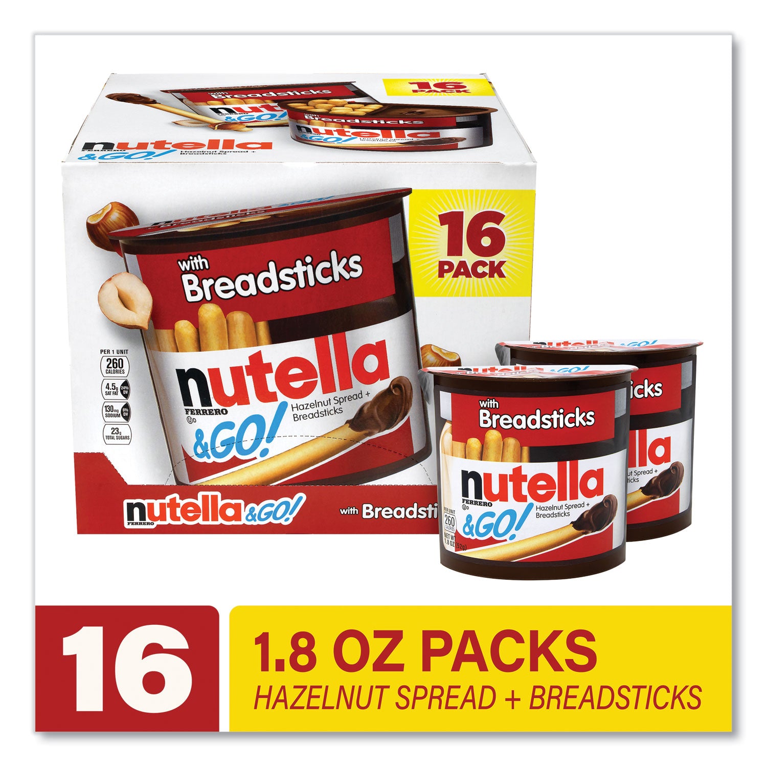 Nutella® Hazelnut Spread and Breadsticks, 1.8 oz Single-Serve Tub, 16/Pack