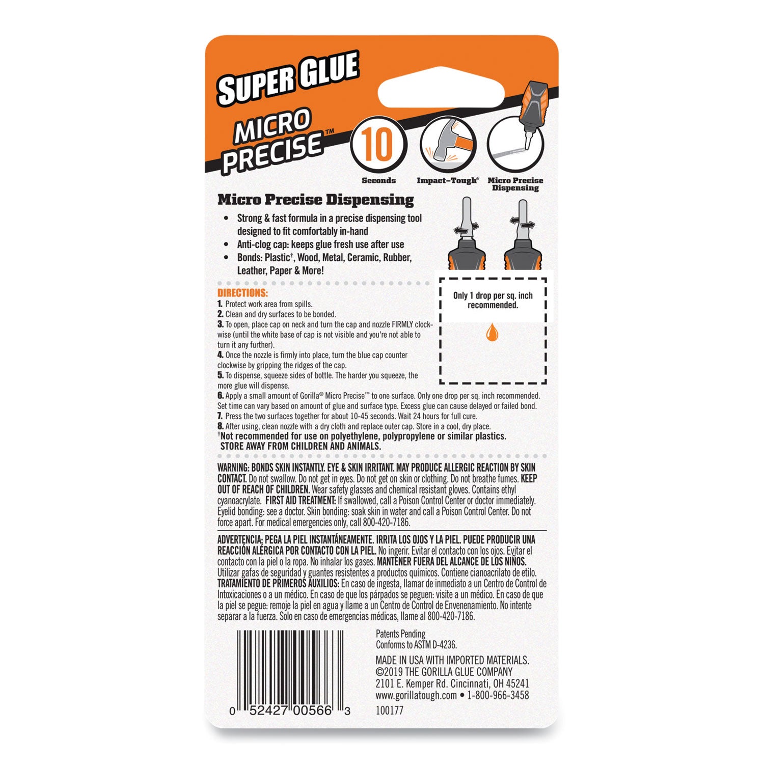 Gorilla® Super Glue Micro Precise, 0.19 oz, Dries Clear, 4/Carton