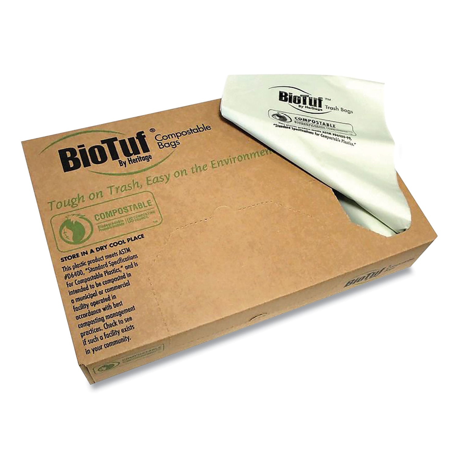 Biotuf Compostable Can Liners, 33 gal, 0.9 mil, 33" x 39", Light Green, 25 Bags/Roll, 8 Rolls/Carton