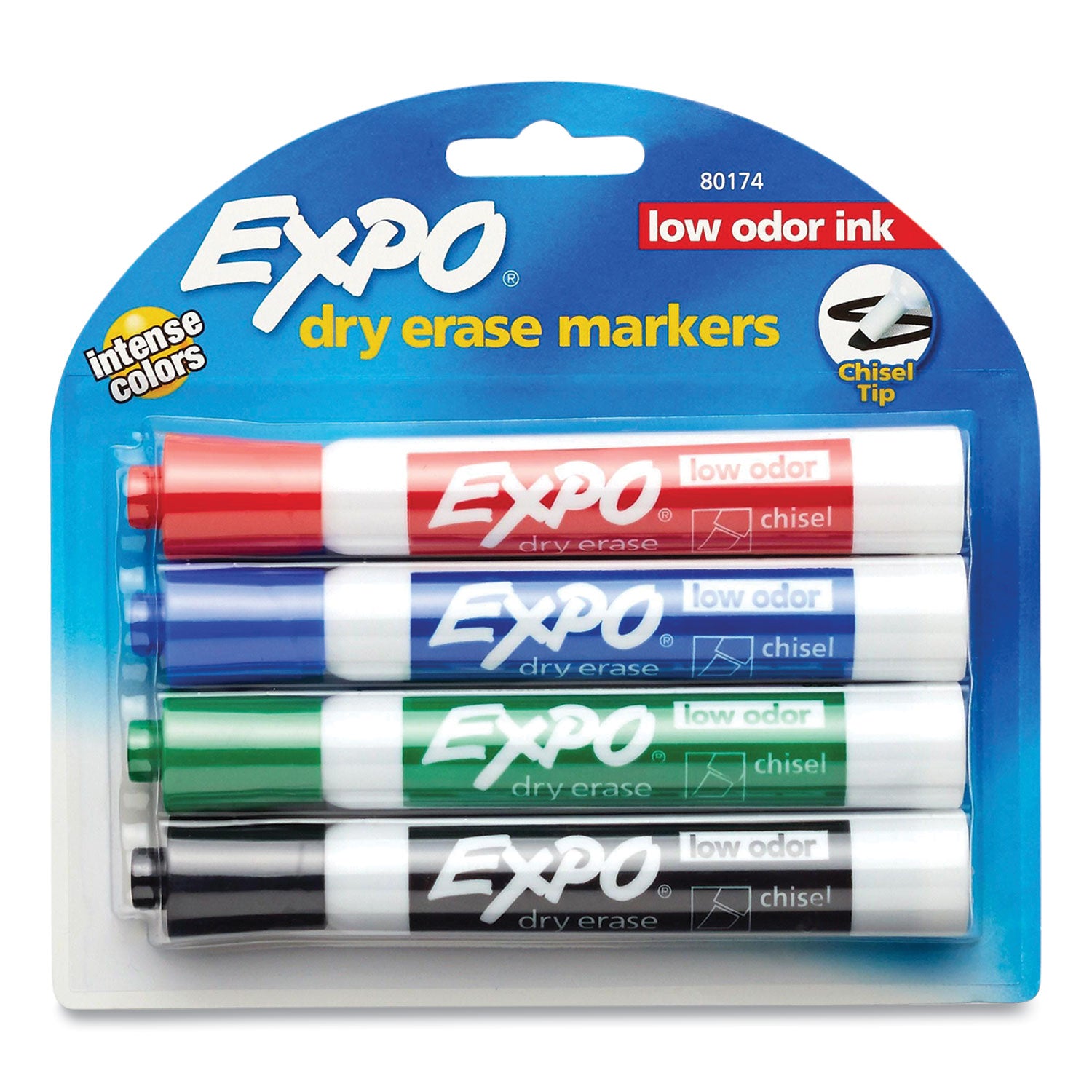 EXPO® Low-Odor Dry-Erase Marker, Peggable Card, Broad Chisel Tip, Assorted Colors, 4/Pack