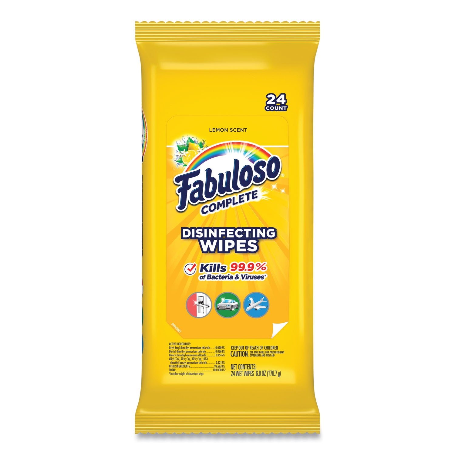 Fabuloso® Multi Purpose Wipes, 1-Ply, 7 x 7, Lemon, White, 24/Pack, 12 Packs/Carton