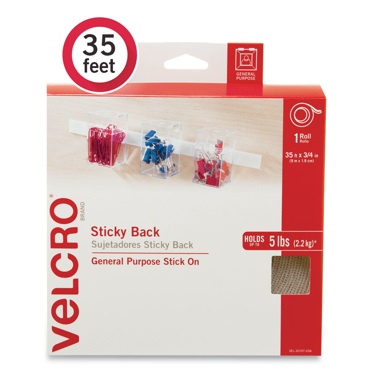 Sticky-Back Fasteners, Removable Adhesive, 0.75" x 35 ft, White