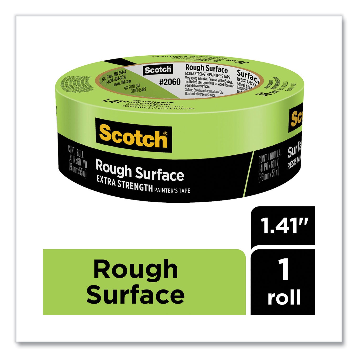 Scotch® Rough Surface Extra Strength Painter's Tape, 3" Core, 1.41" x 60.1 yds, Green