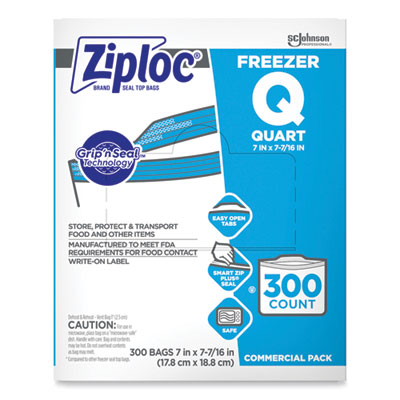 SC JOHNSON Double Zipper Freezer Bags, 1 qt, 2.7 mil, 7" x 7.75", Clear, 300/Carton - Flipcost