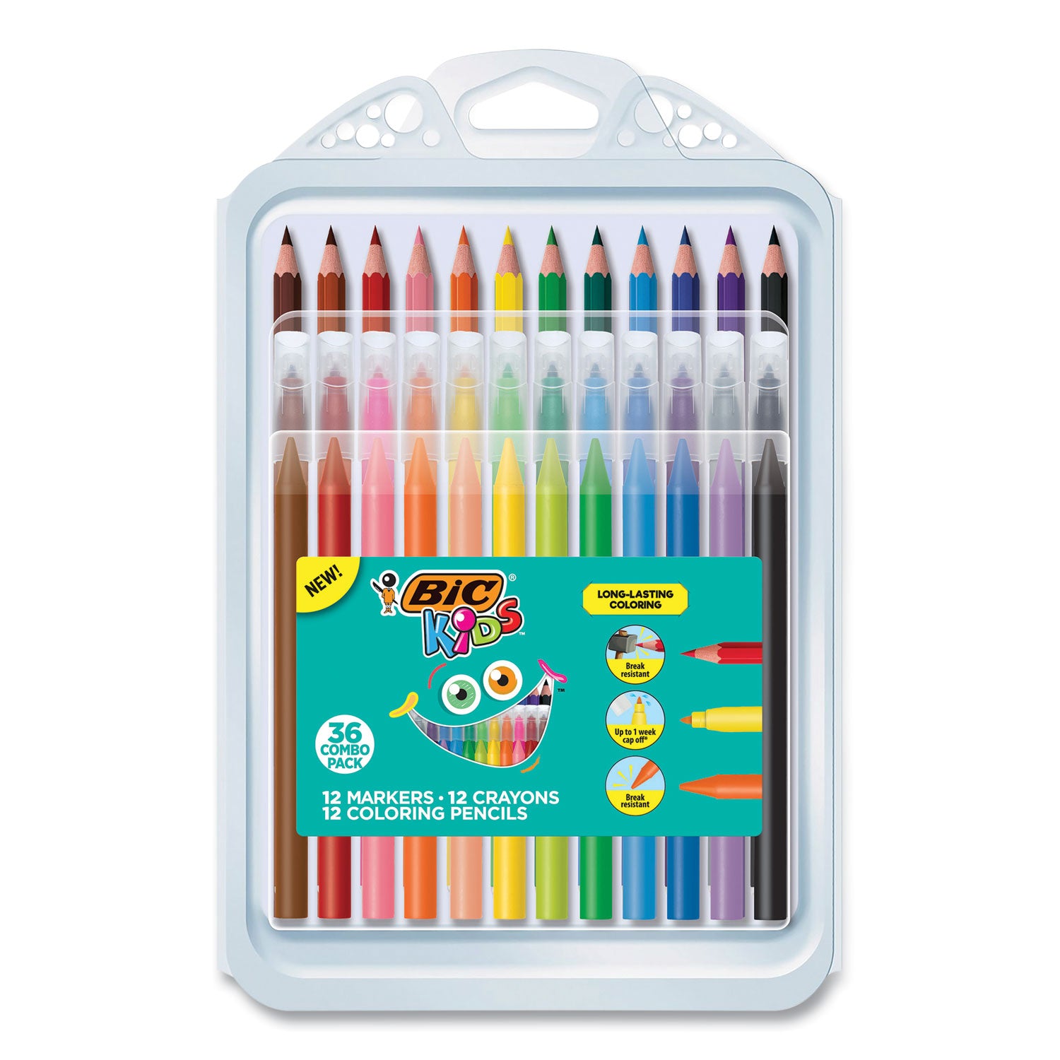 Kids Coloring Combo Pack in Durable Case, 12 Each: Colored Pencils, Crayons, Markers