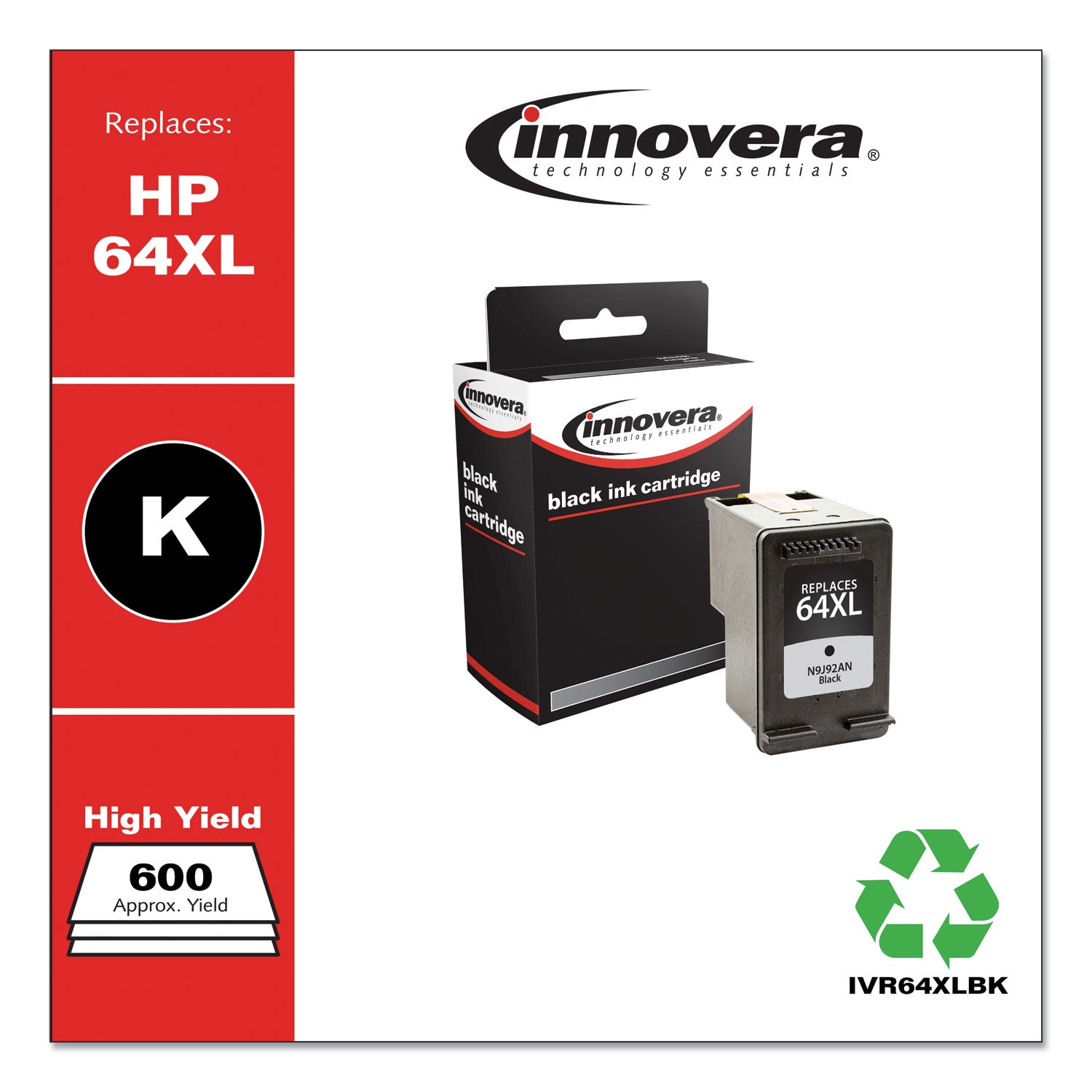 Innovera® Remanufactured Black High-Yield Ink, Replacement for 64XL (N9J92AN), 600 Page-Yield