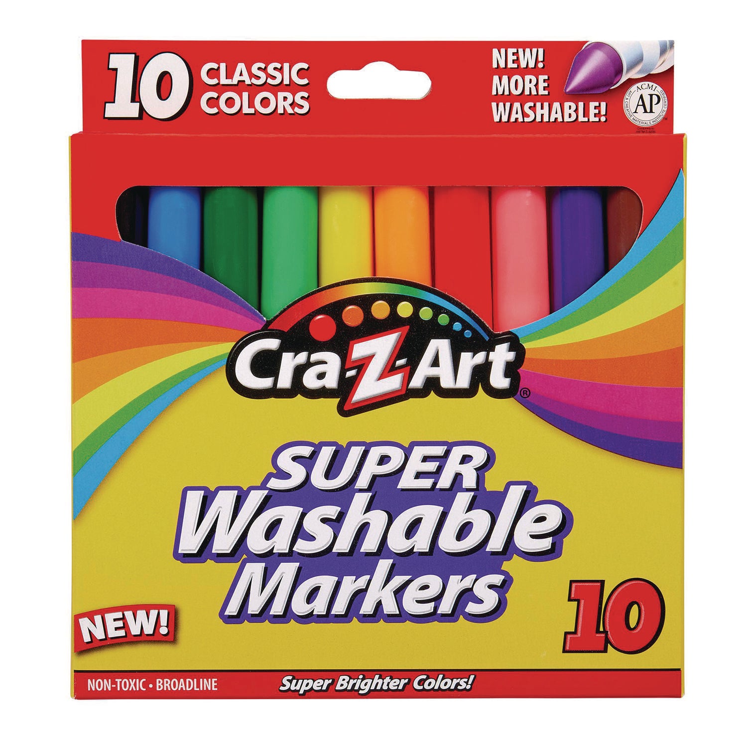 Super Washable Markers, Broad Bullet Tip, Assorted Colors, 10/Set