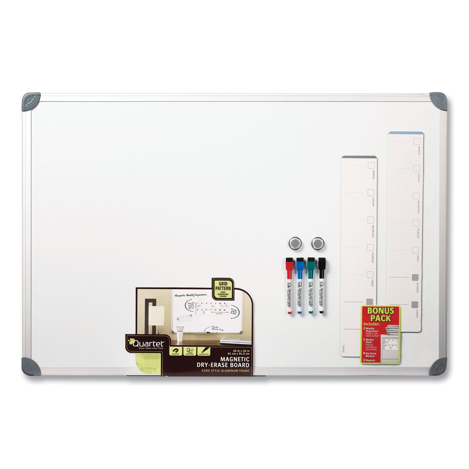 Quartet® Euro-Style Magnetic Dry-Erase Aluminum Frame Boards, 36 x 24, White Surface, Silver Aluminum Frame